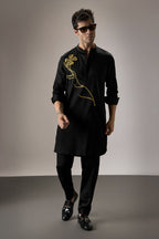 Long Flower - Hand Embroidered Designer Kurta - Black
