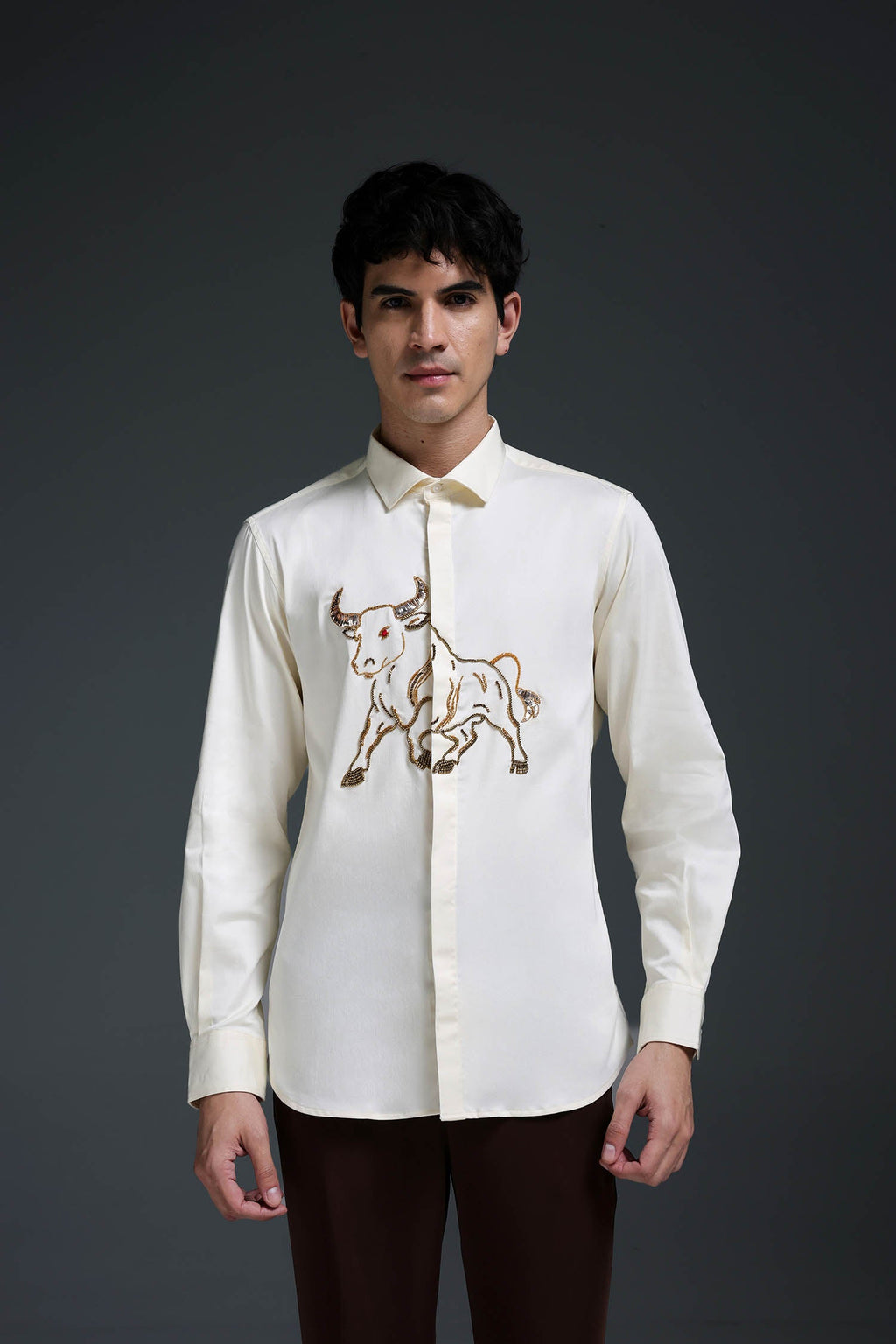 Gini(Bull) - Hand Embroidered Designer Shirt - Ivory