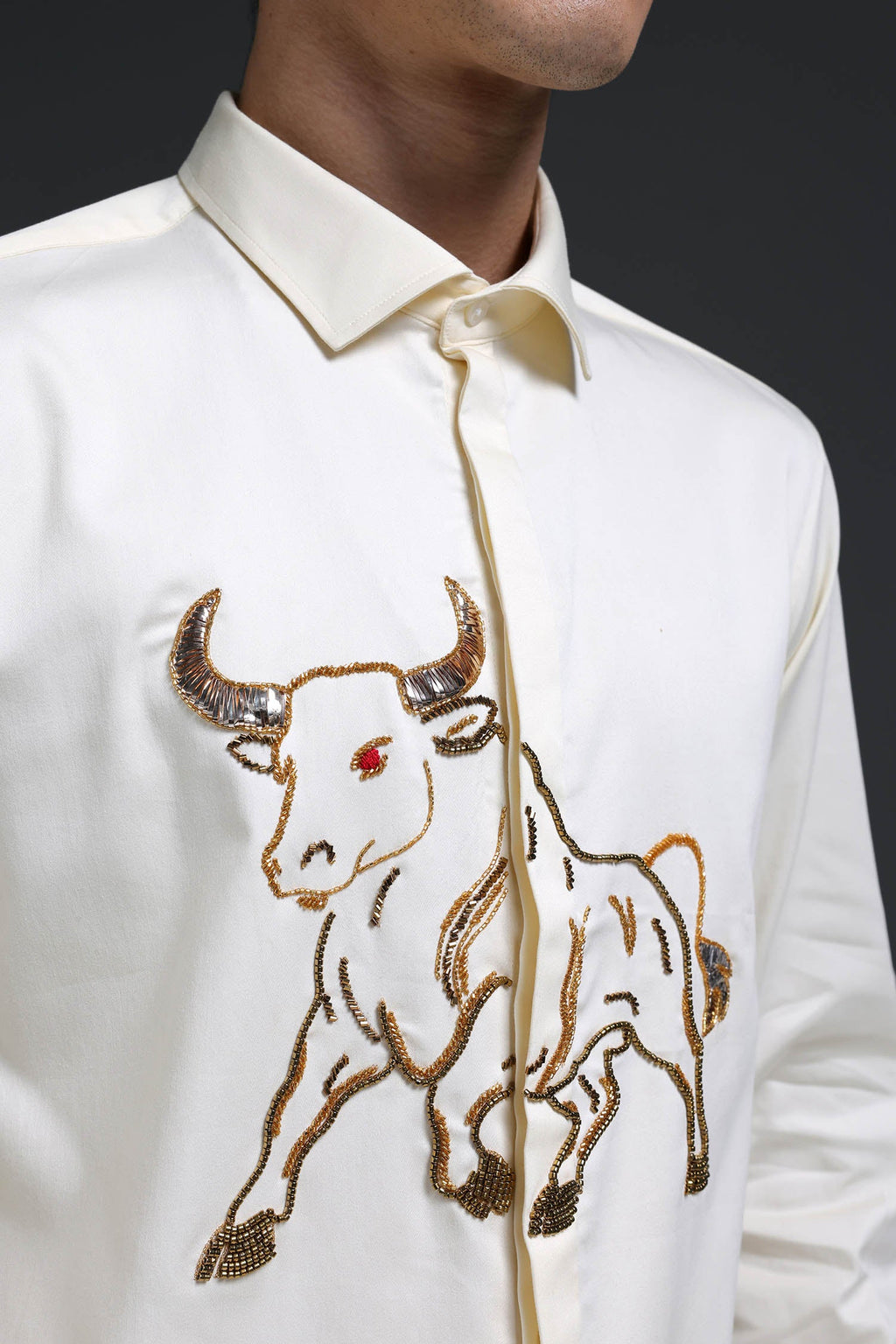 Gini(Bull) - Hand Embroidered Designer Shirt - Ivory