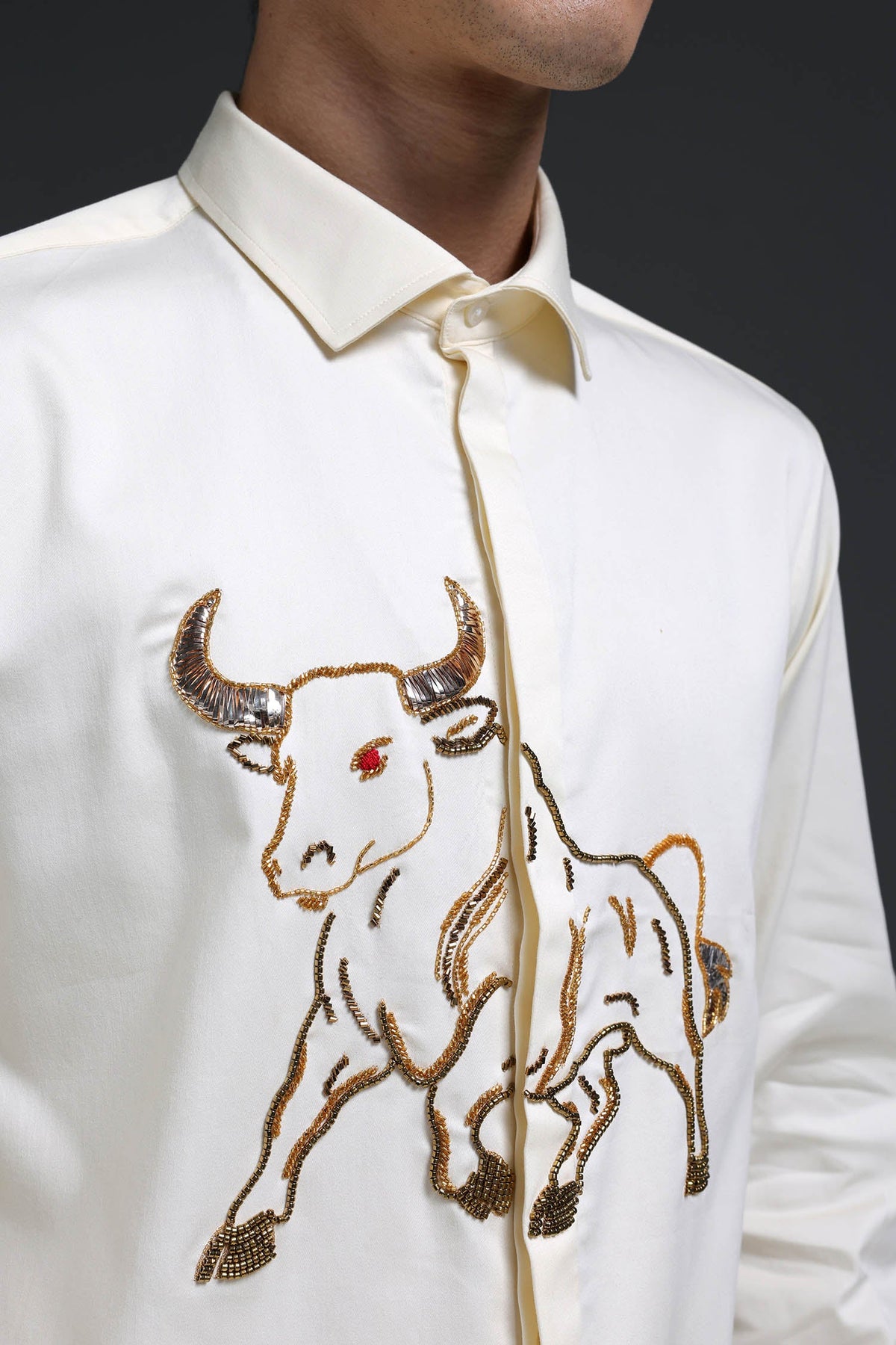 Gini(Bull) - Hand Embroidered Designer Shirt - Ivory