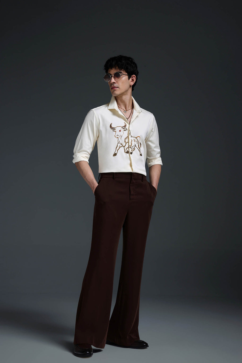 Gini(Bull) - Hand Embroidered Designer Shirt - Ivory