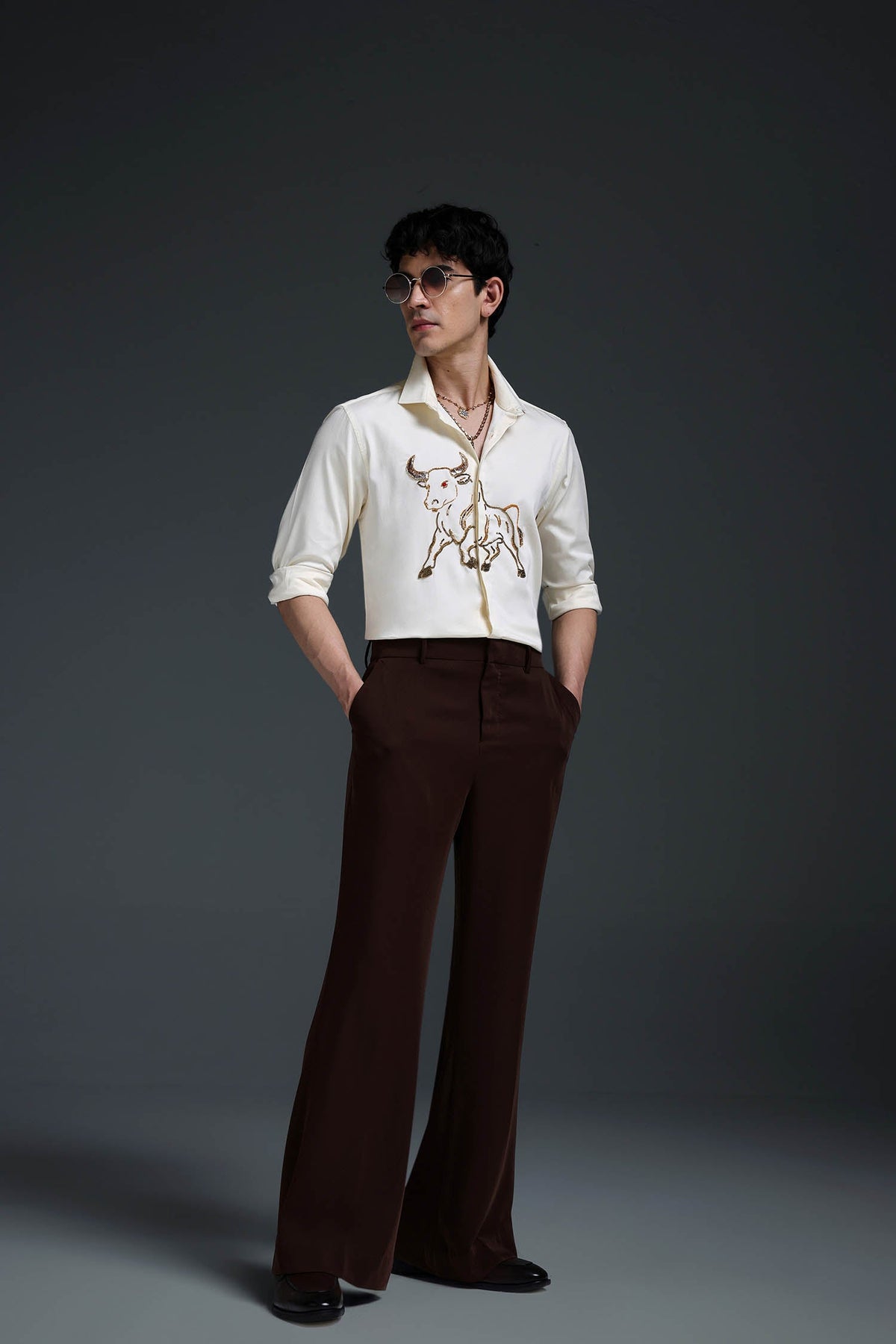 Gini(Bull) - Hand Embroidered Designer Shirt - Ivory