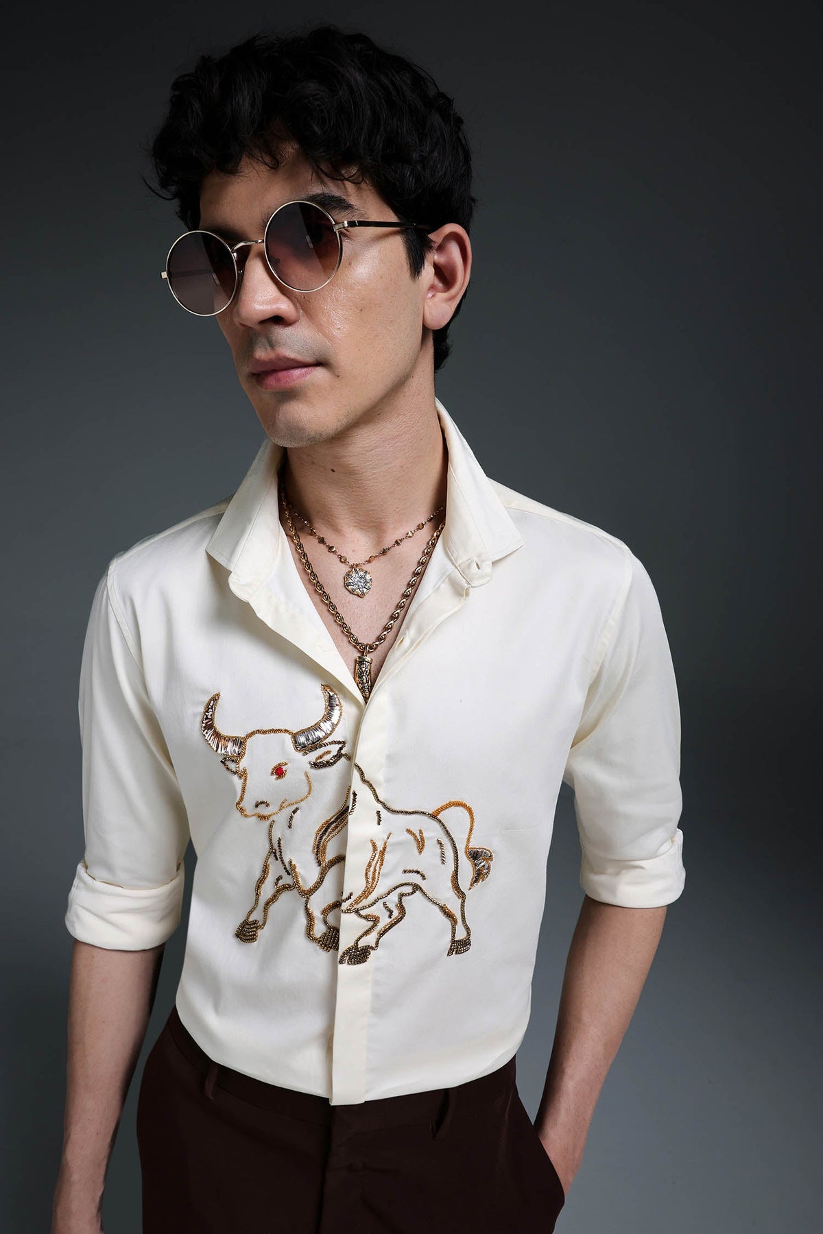 Gini(Bull) - Hand Embroidered Designer Shirt - Ivory