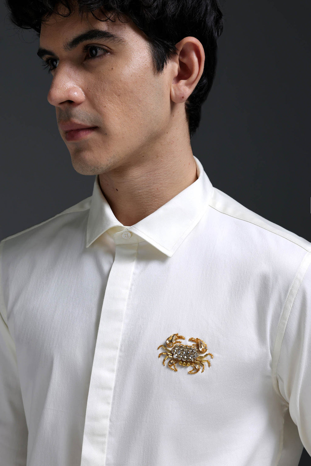 Crab - Hand Embroidered Designer Shirt - Ivory