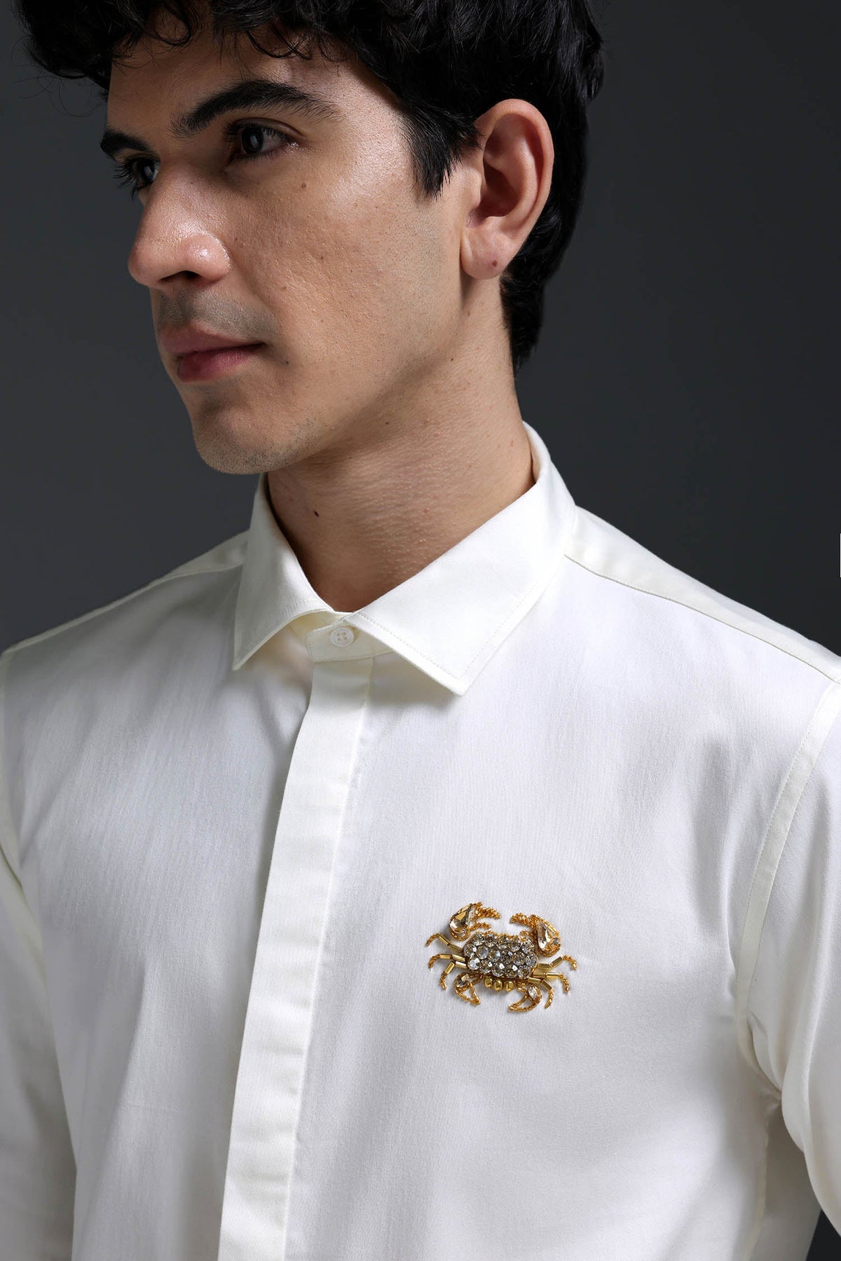 Crab - Hand Embroidered Designer Shirt - Ivory