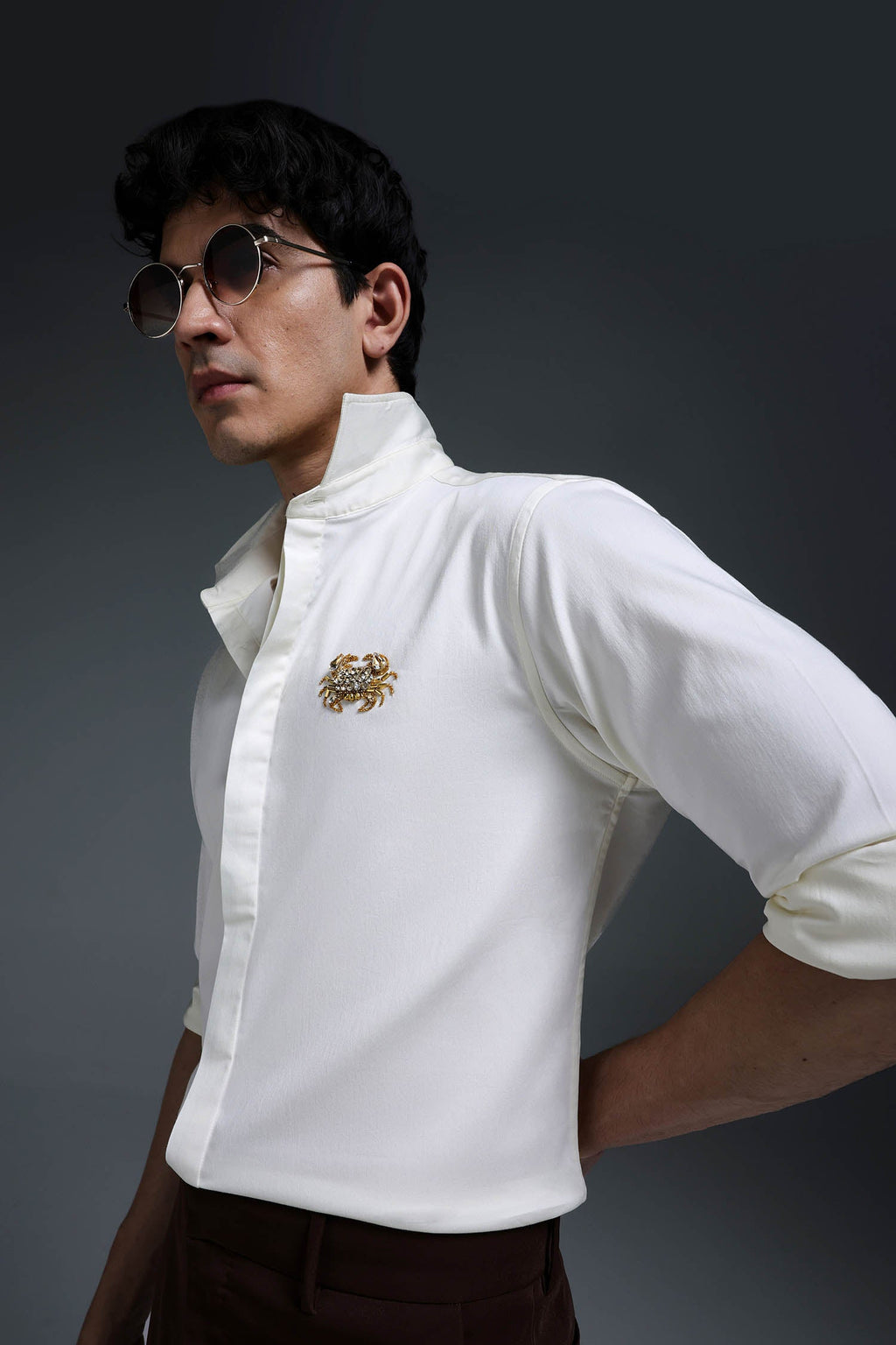 Crab - Hand Embroidered Designer Shirt - Ivory