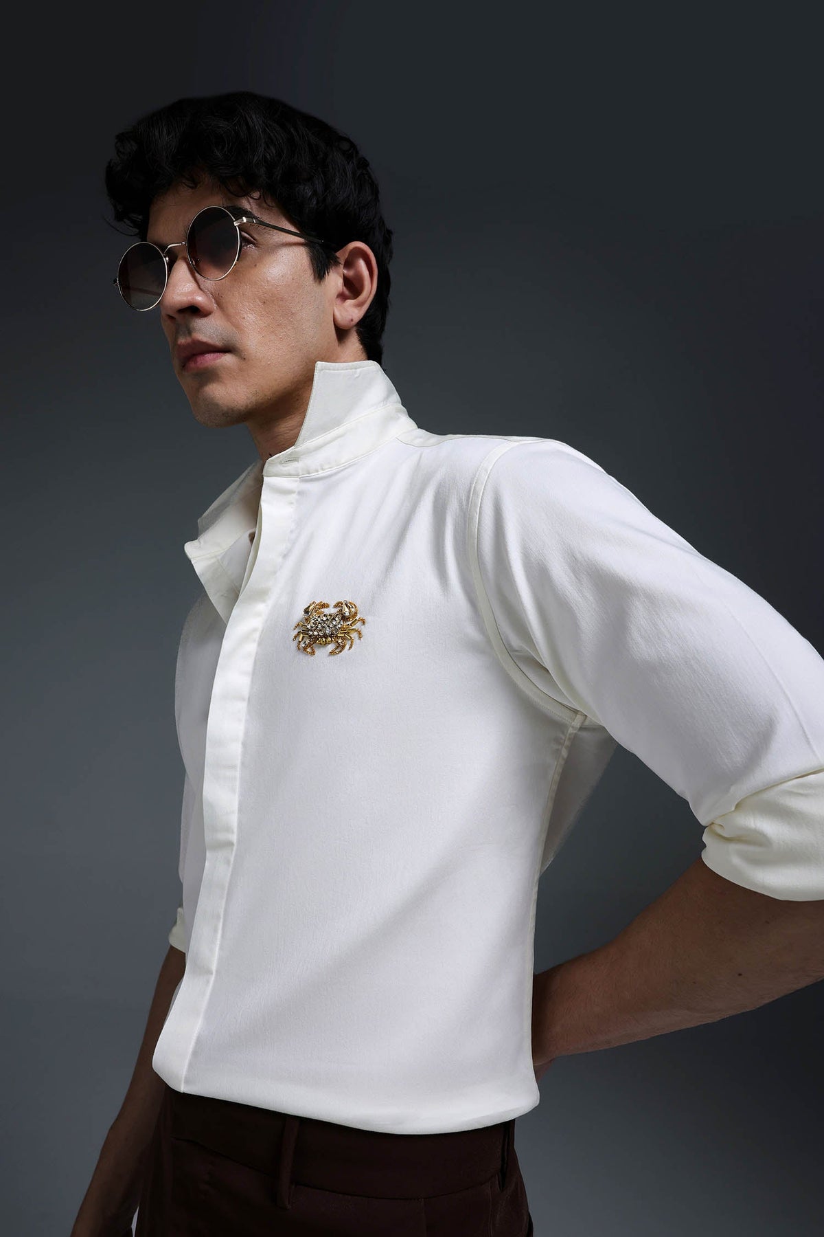 Crab - Hand Embroidered Designer Shirt - Ivory
