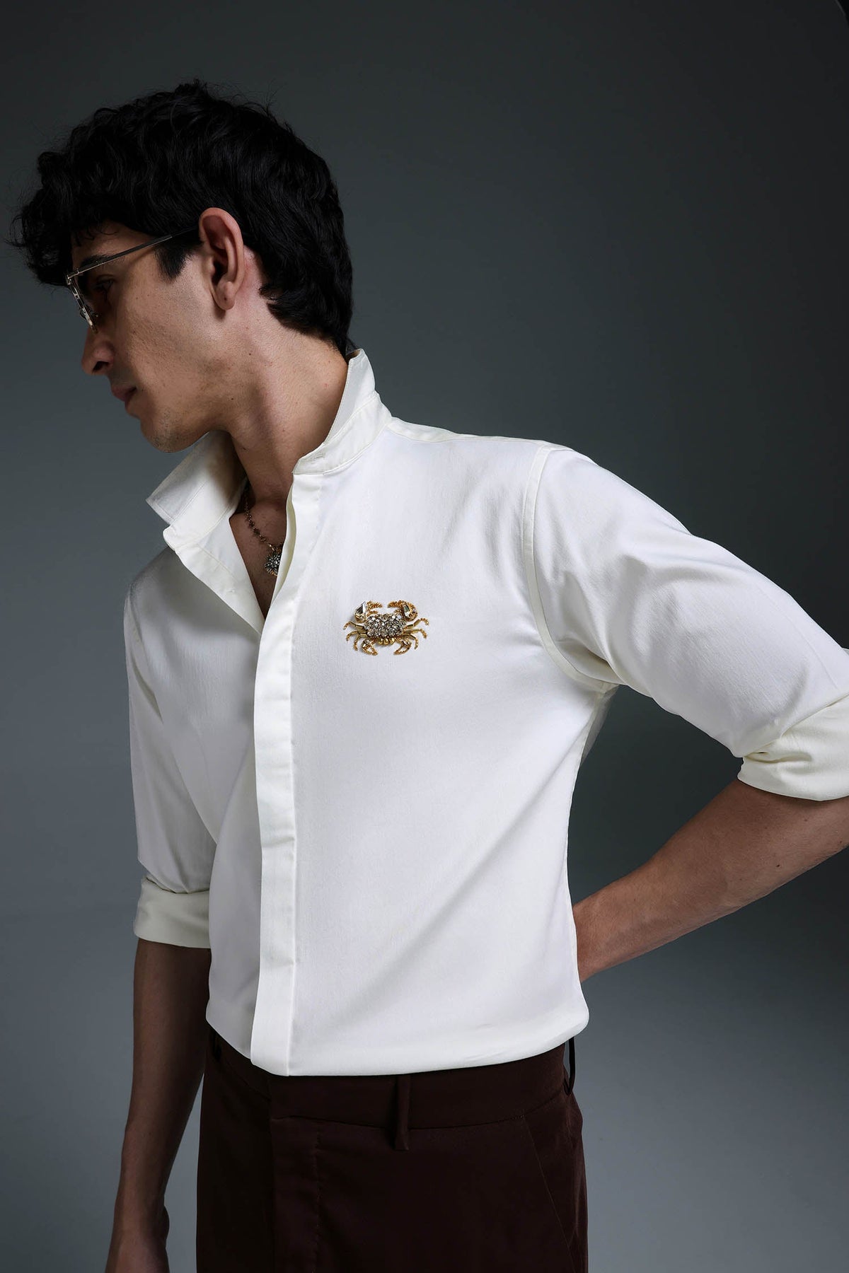 Crab - Hand Embroidered Designer Shirt - Ivory
