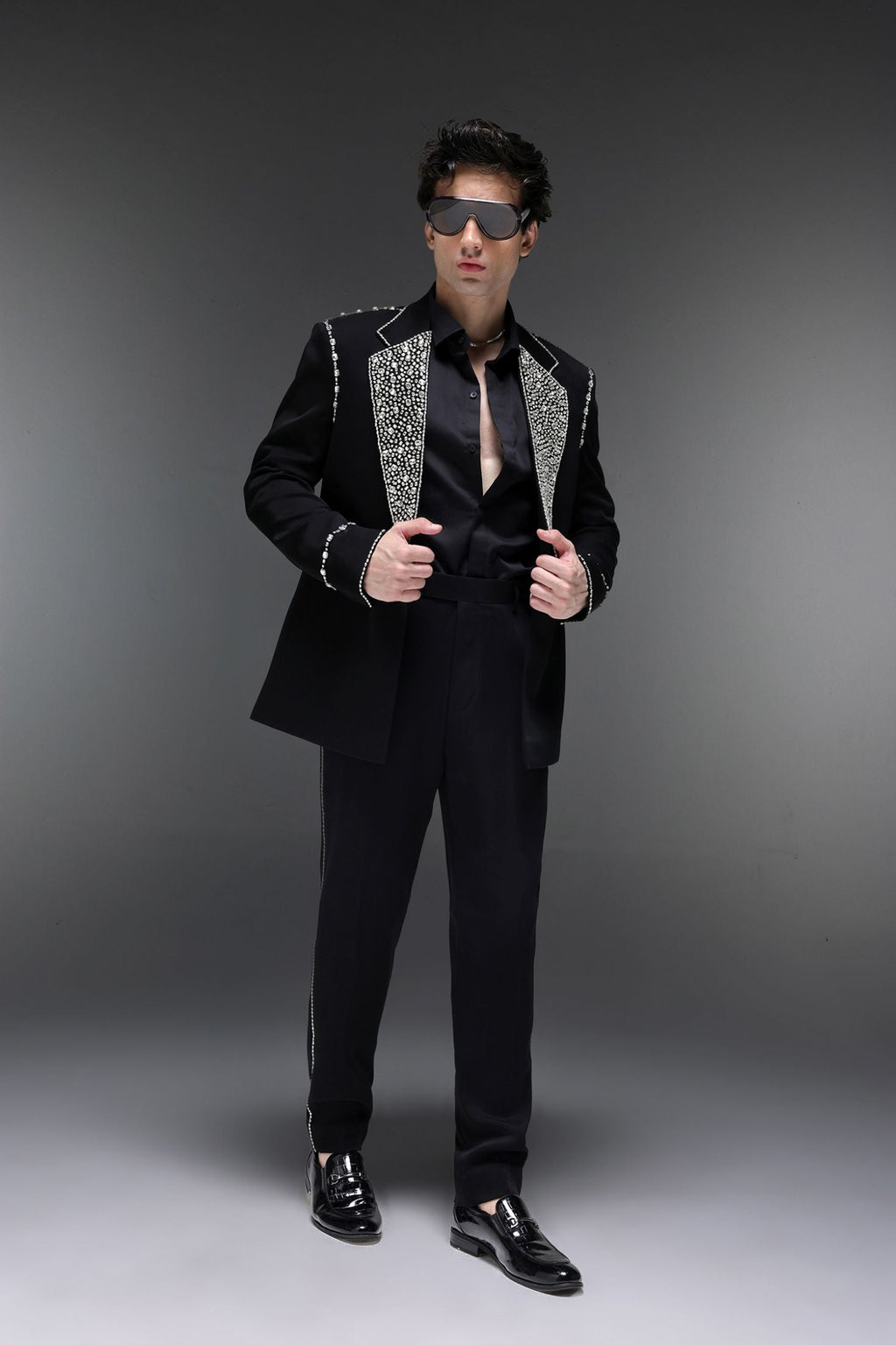 Glint(Rhinestones) - Hand Embroidered Designer Tuxedo - Black
