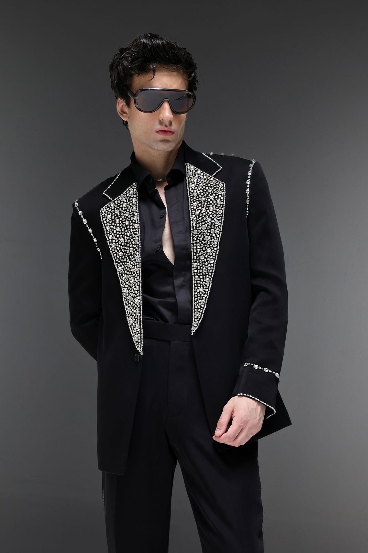 Glint(Rhinestones) - Hand Embroidered Designer Tuxedo - Black