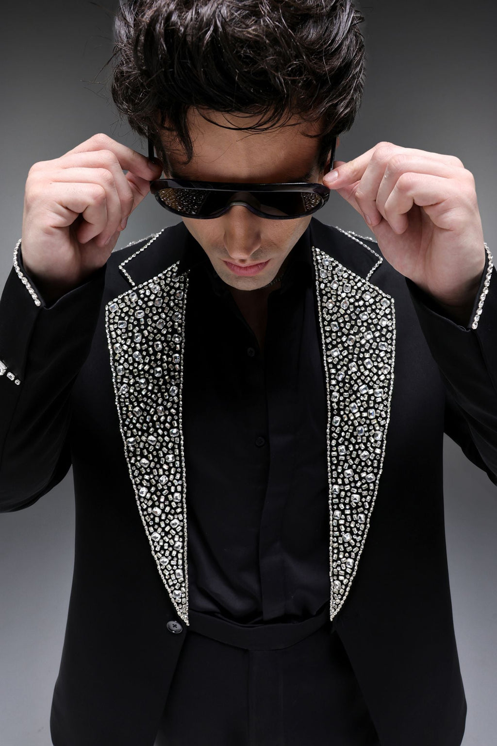 Glint(Rhinestones) - Hand Embroidered Designer Tuxedo - Black