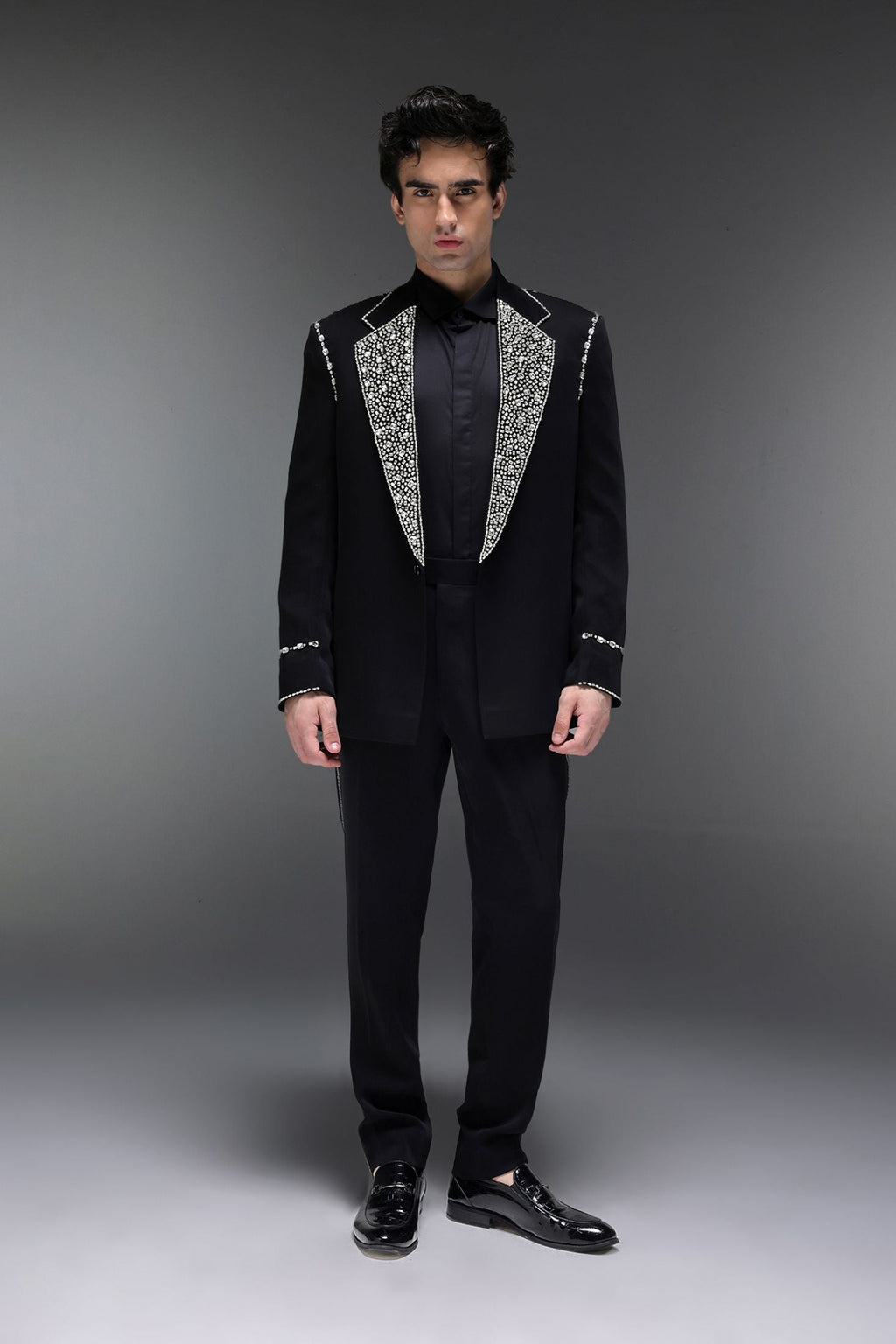Glint(Rhinestones) - Hand Embroidered Designer Tuxedo - Black
