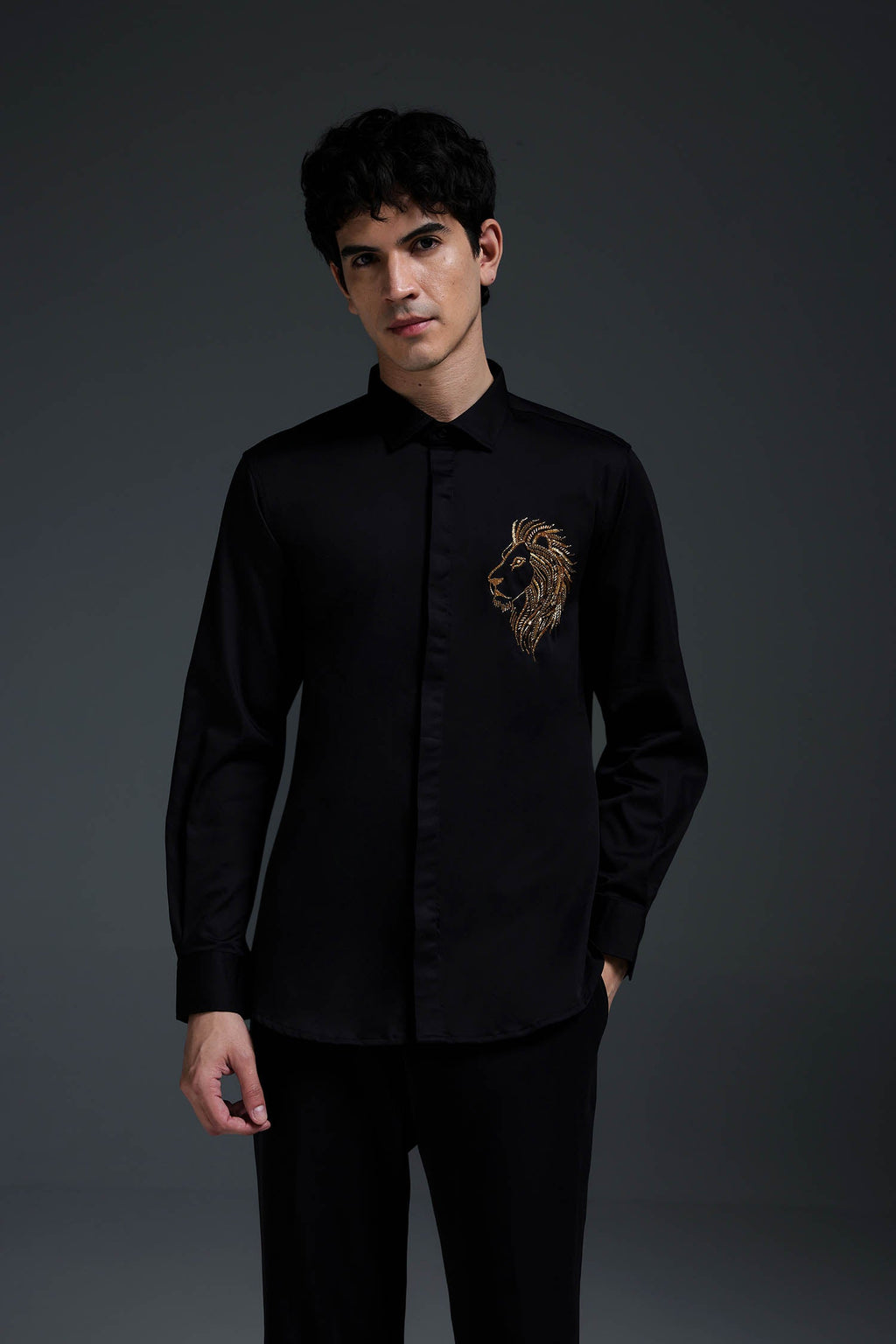 King Of Beast (Lion) - Hand Embroidered Designer Shirt - Black