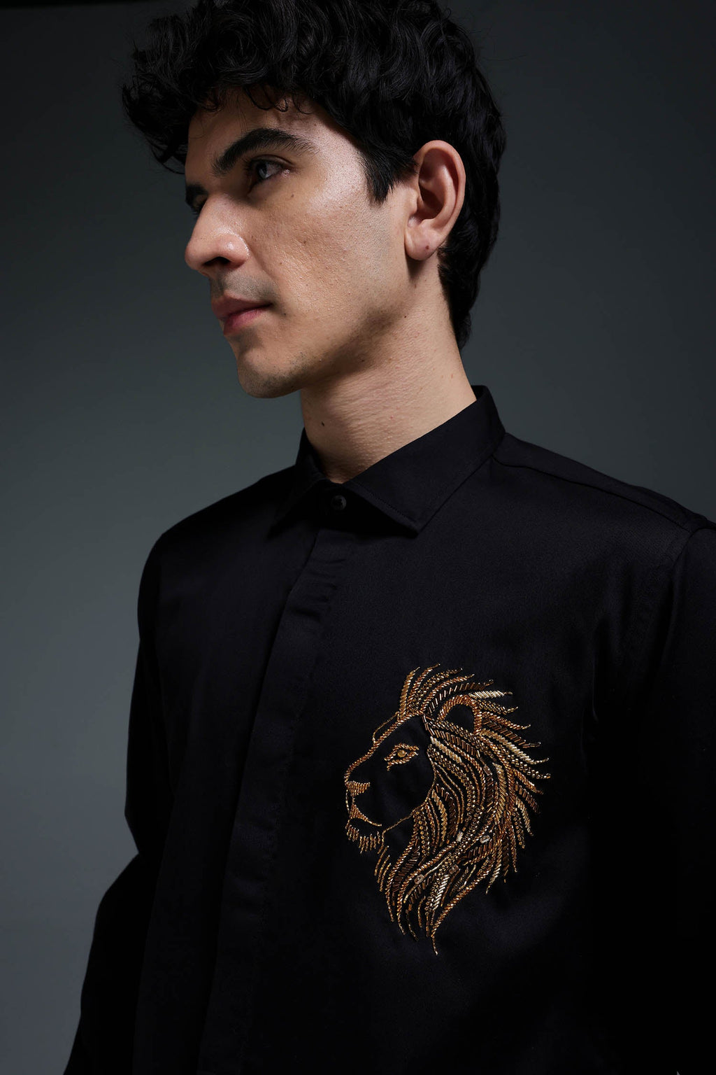 King Of Beast (Lion) - Hand Embroidered Designer Shirt - Black