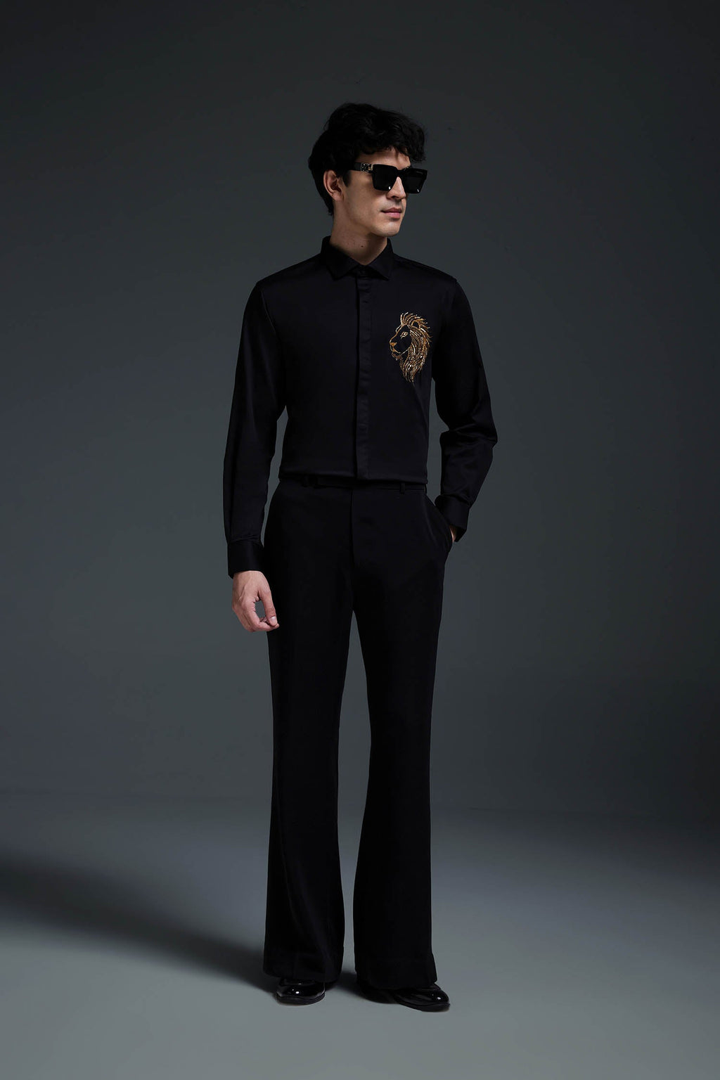 King Of Beast (Lion) - Hand Embroidered Designer Shirt - Black