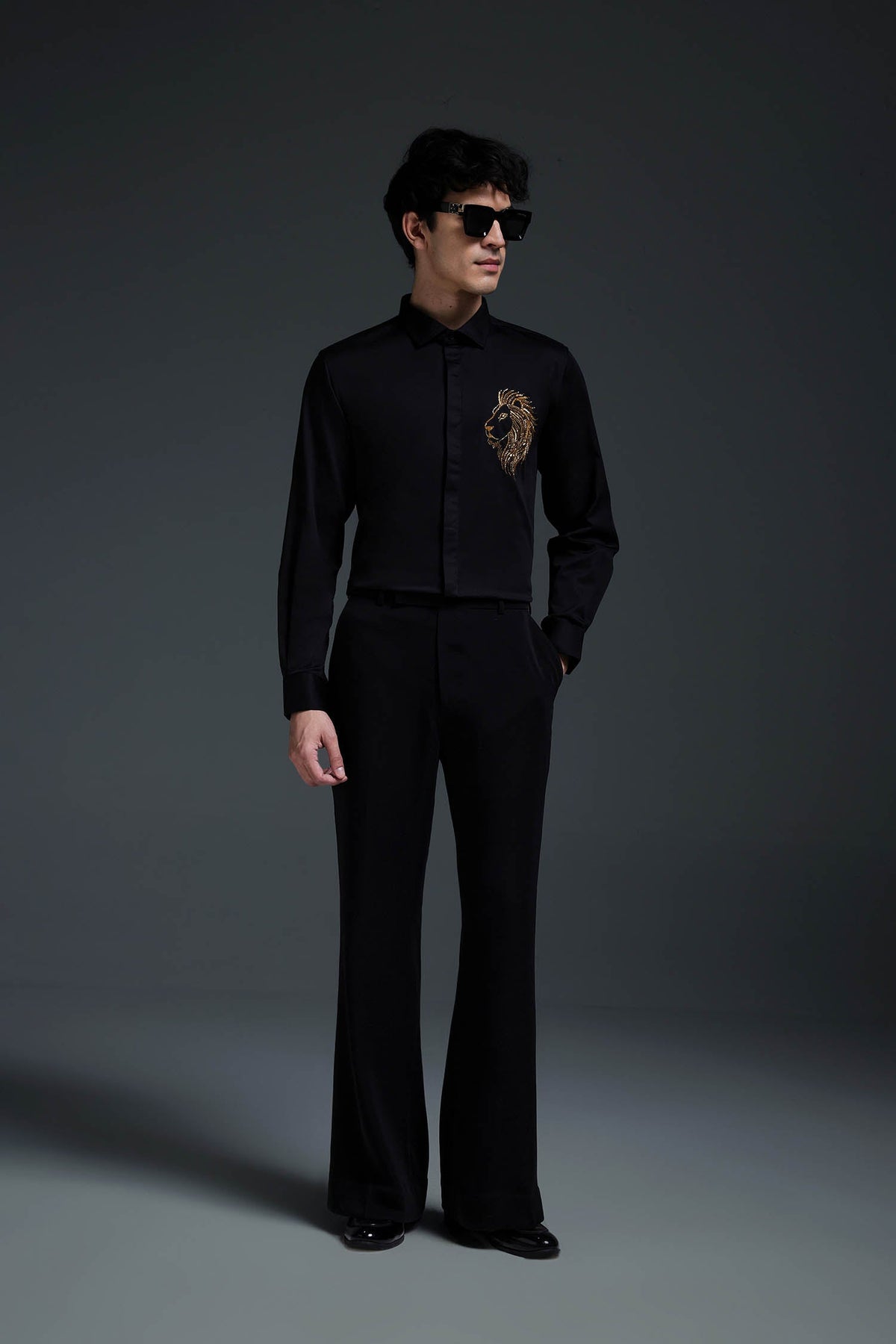 King Of Beast (Lion) - Hand Embroidered Designer Shirt - Black
