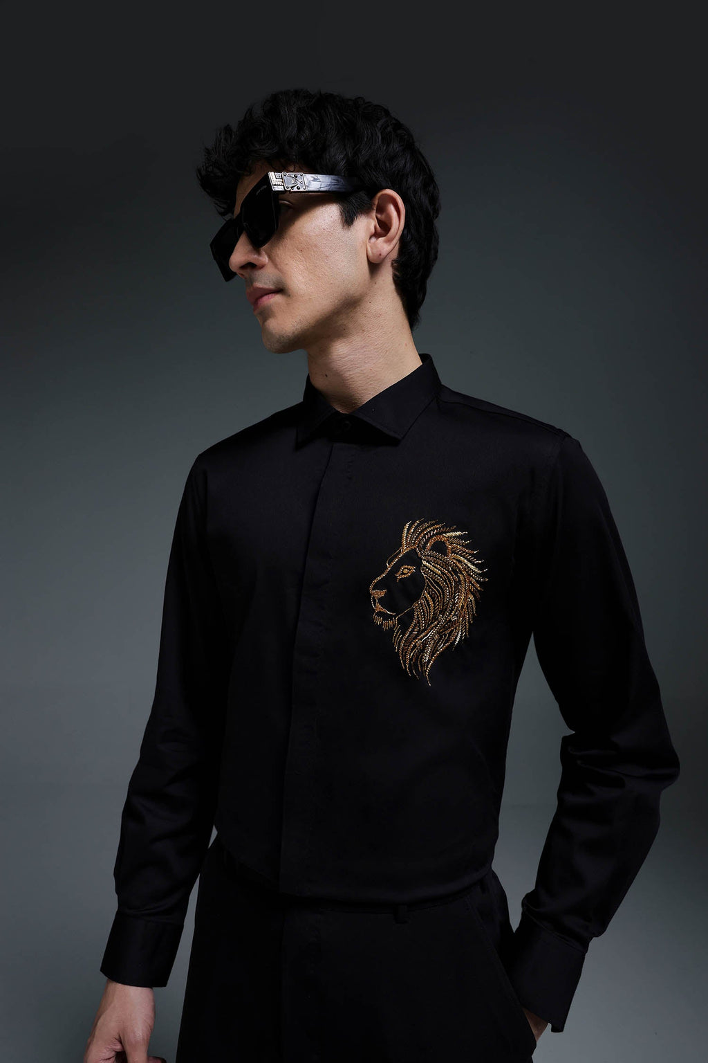 King Of Beast (Lion) - Hand Embroidered Designer Shirt - Black