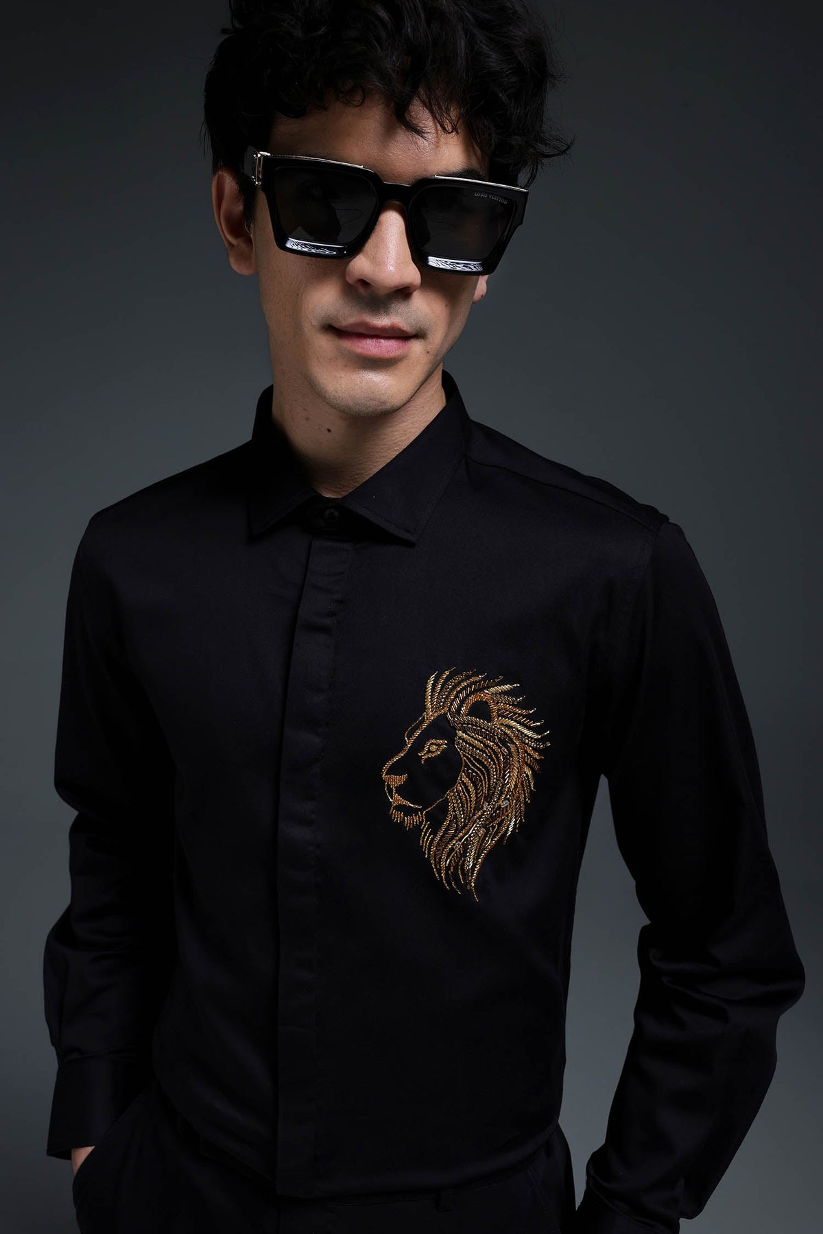 King Of Beast (Lion) - Hand Embroidered Designer Shirt - Black