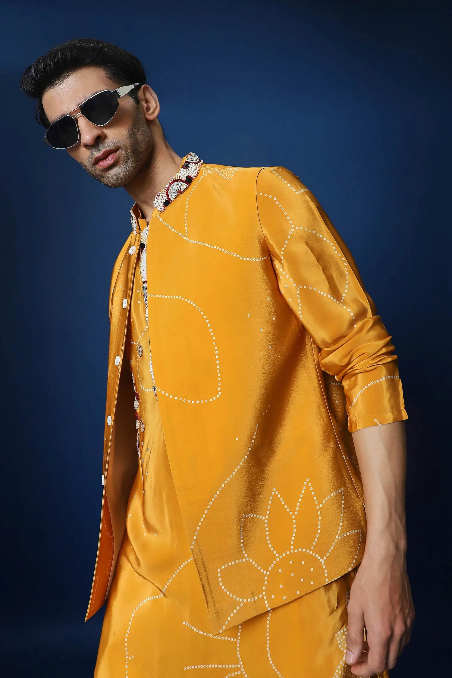 Mustard Doodle Flower Bandhani Bundi Set - Mustard