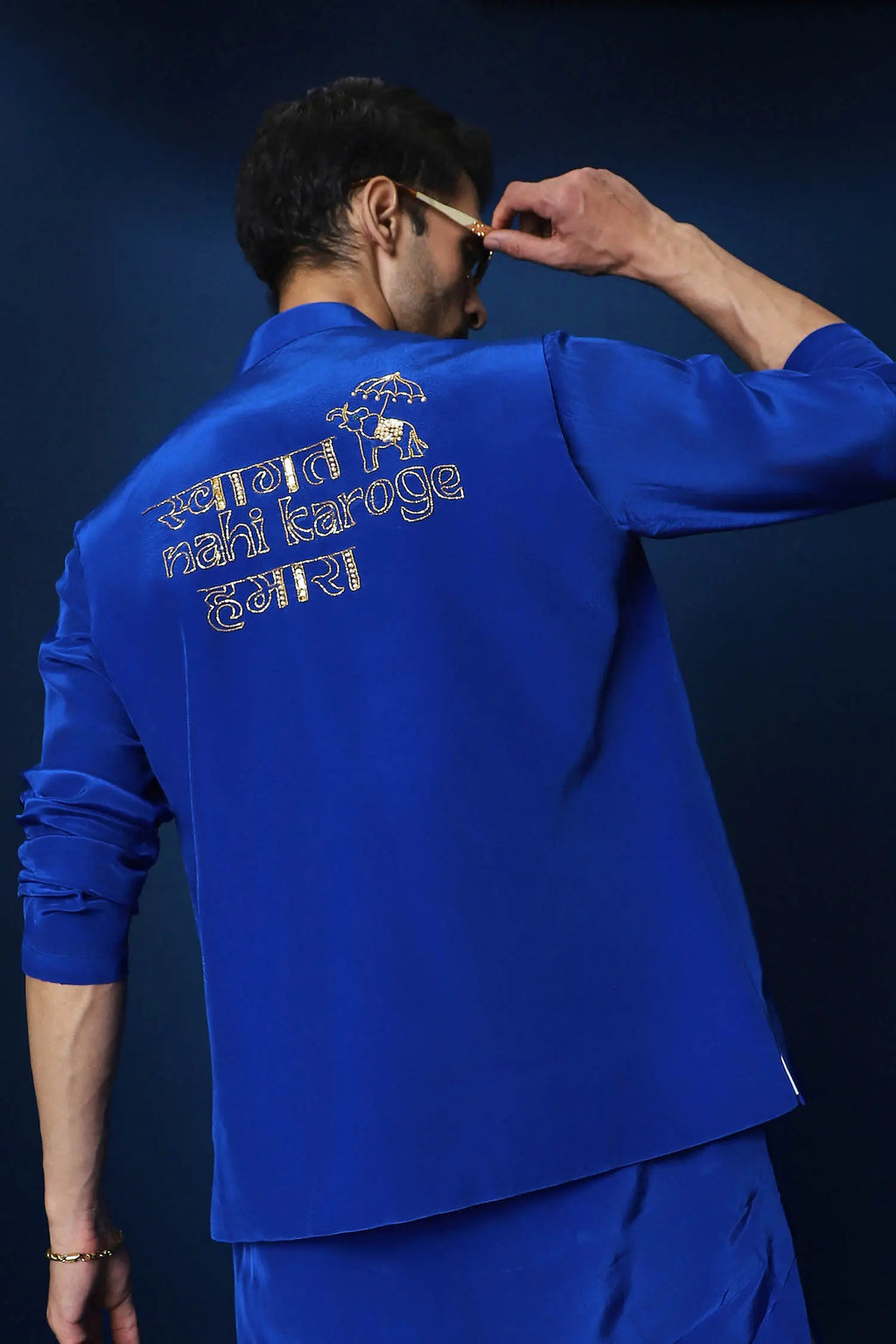 Swaagat Nahin Karoge Humara Hand Embroidered Bundi Set - Royal Blue