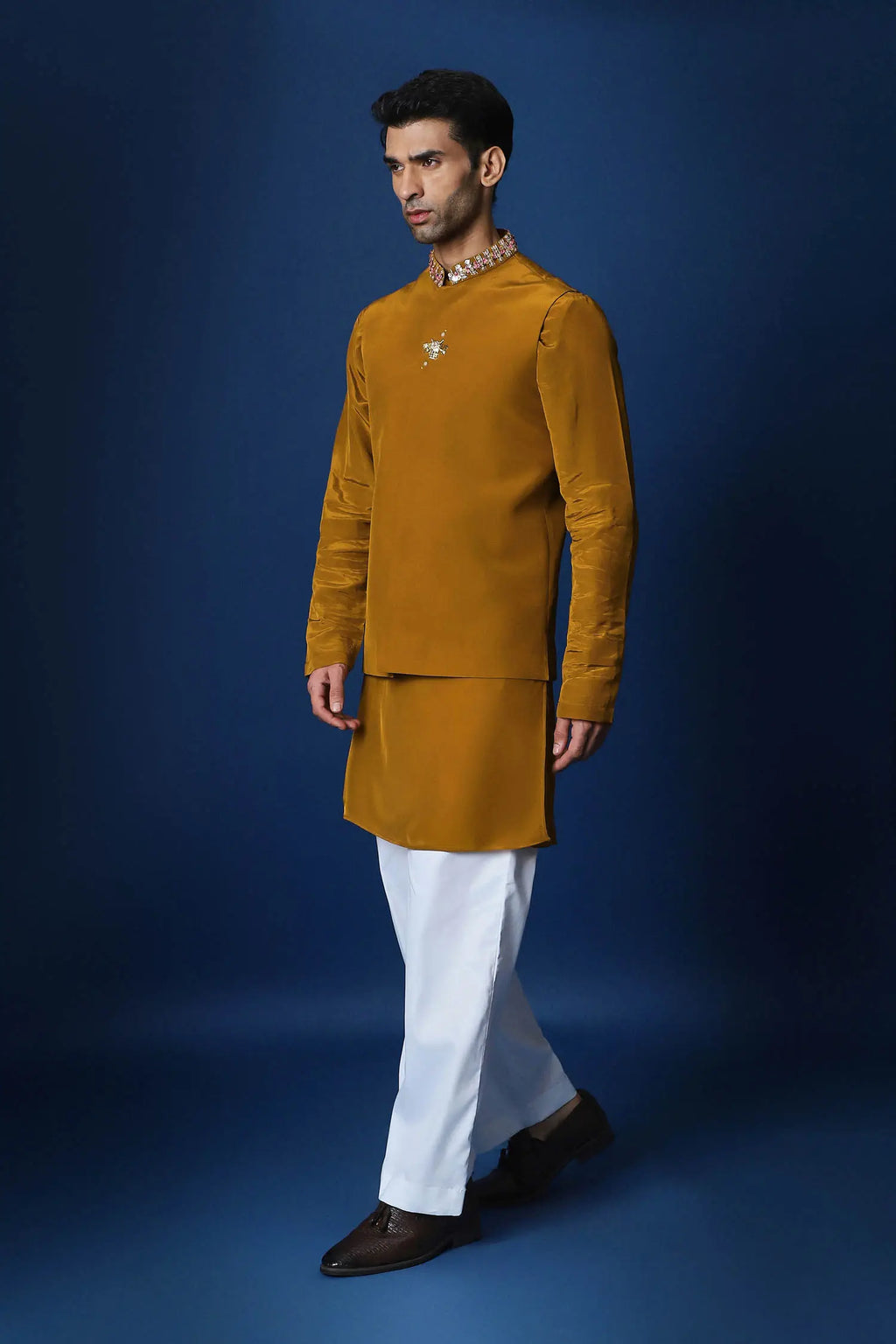 Groom Squad Hand Embroidered Crepe Bundi Set - Mustard
