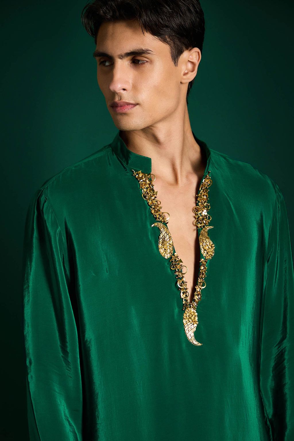 Echo Beads Hand Embroidered Designer Kurta - Bottle Green