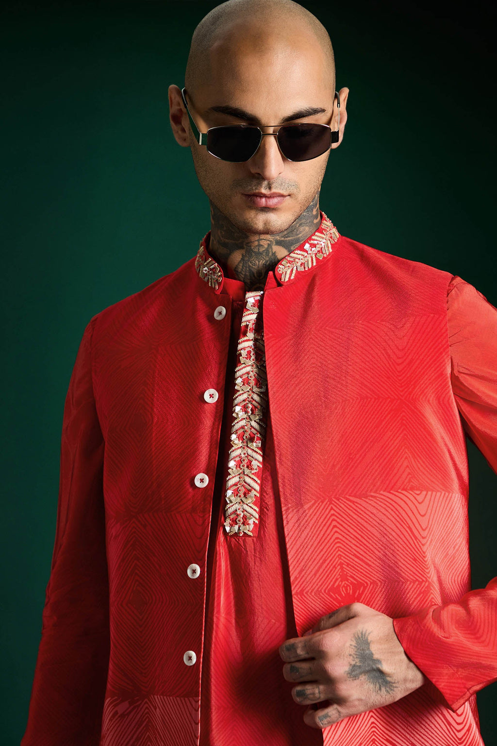 Red Print Hand Embroidered Designer Bundi Set