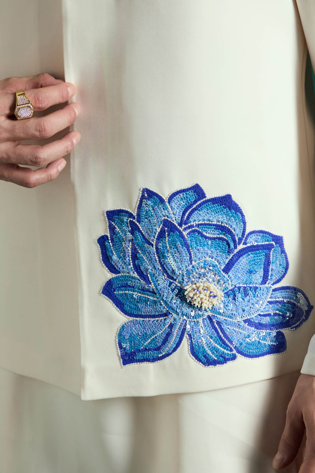 Aquatic Bloom(Flower) Hand Embroidered Designer Bundi Set - Ivory