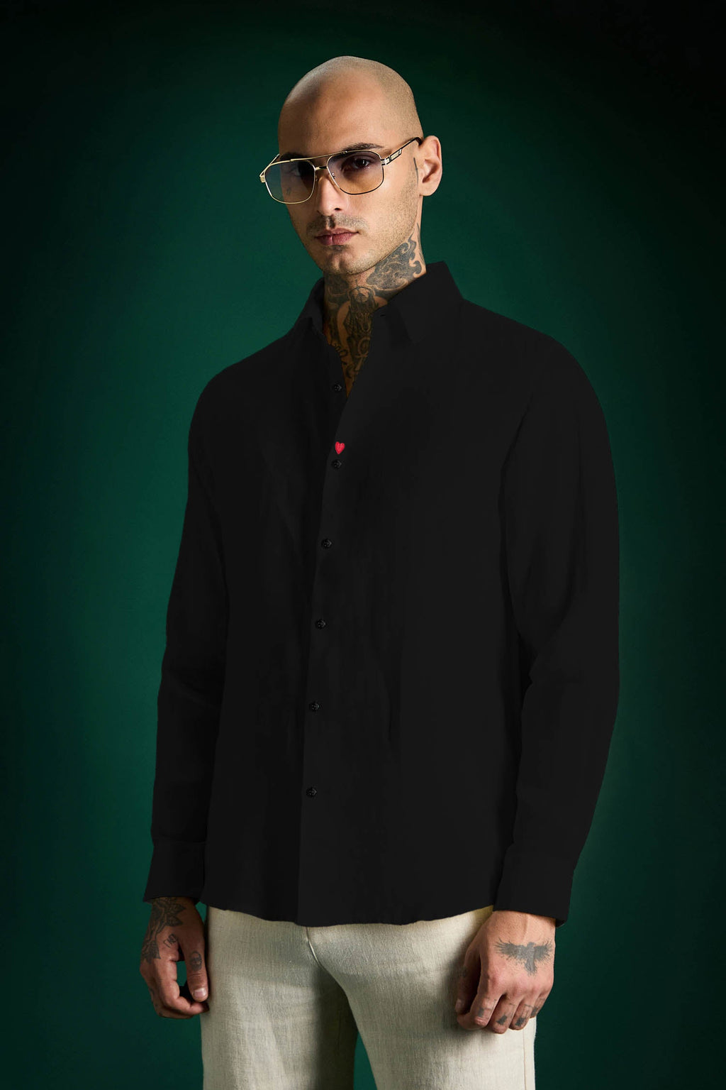 Heart Hand Embroidered Irish Linen Shirt - Black
