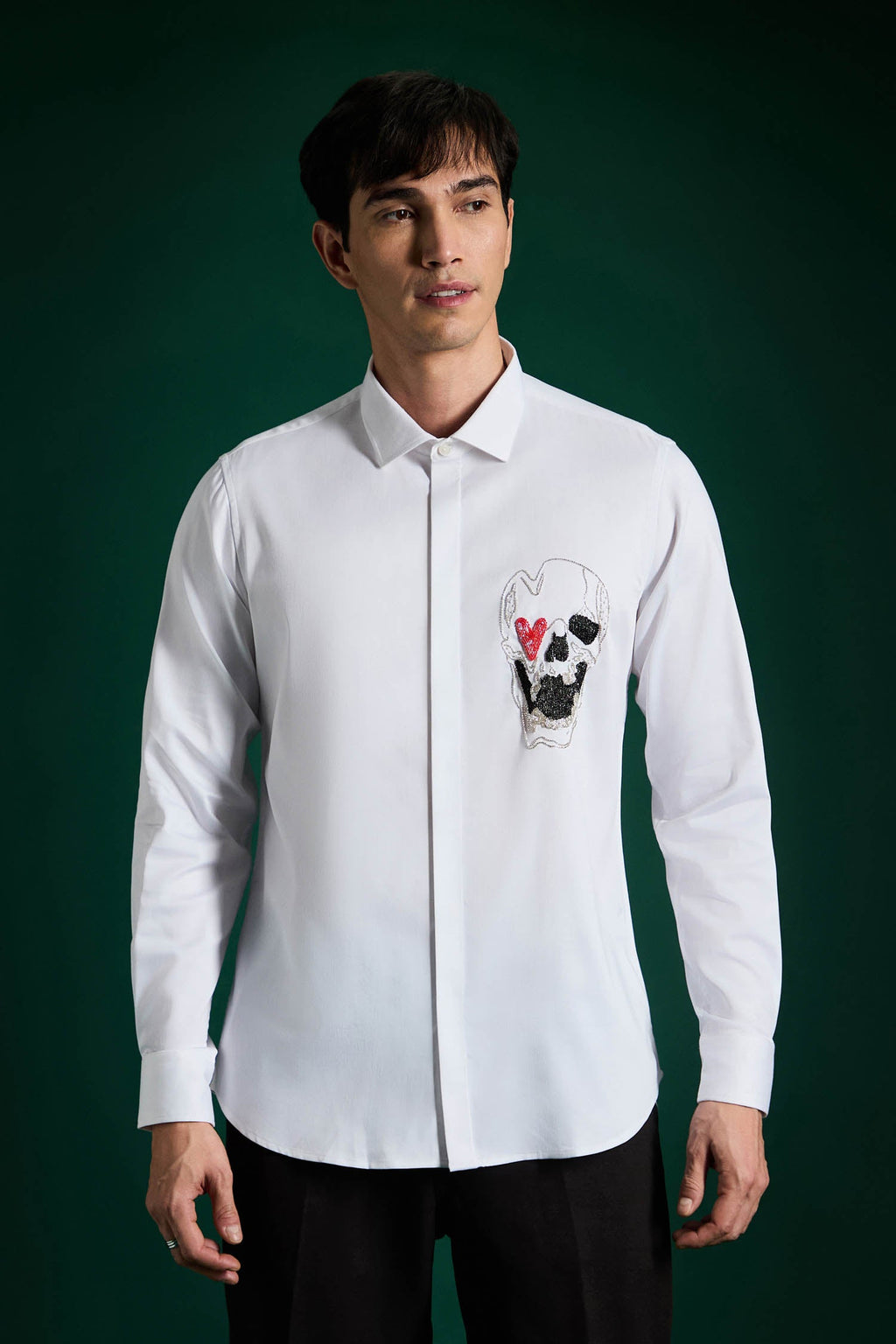 Heart Skull - Hand Embroidered Designer Shirt - White