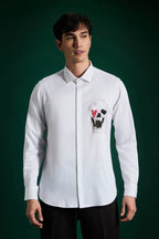 Heart Skull - Hand Embroidered Designer Shirt - White