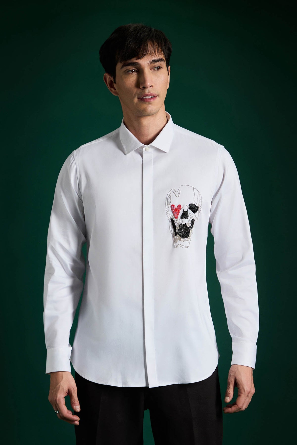 Heart Skull - Hand Embroidered Designer Shirt - White