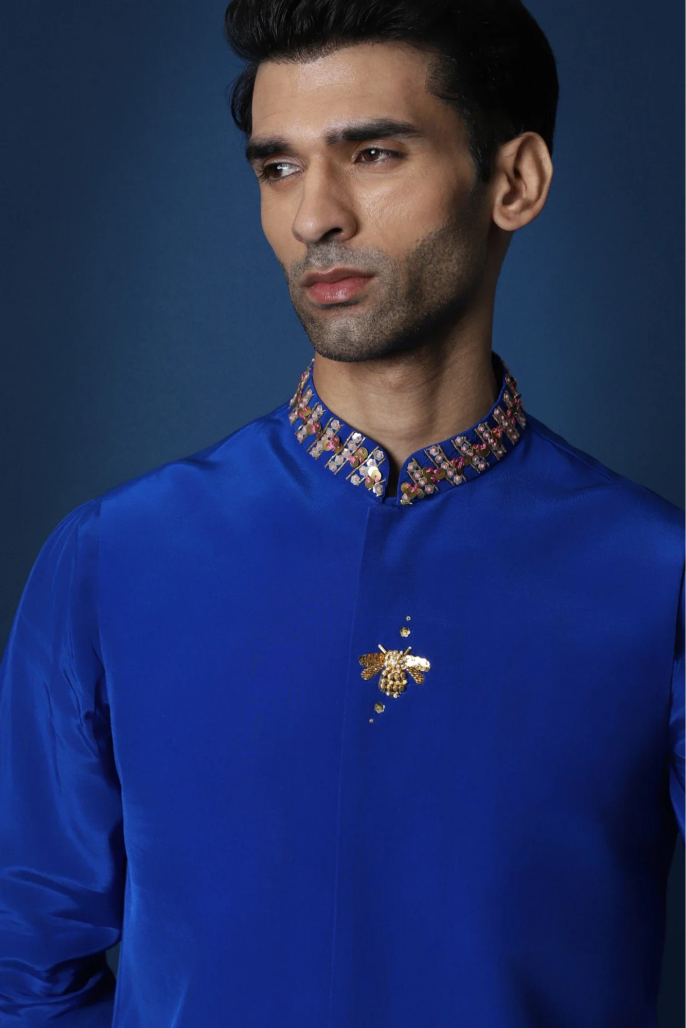Groom Squad Hand Embroidered Crepe Bundi With Kurta  - Royal Blue