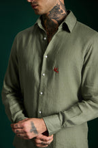 Bird Hand Embroidered Irish Linen Shirt - Olive Green