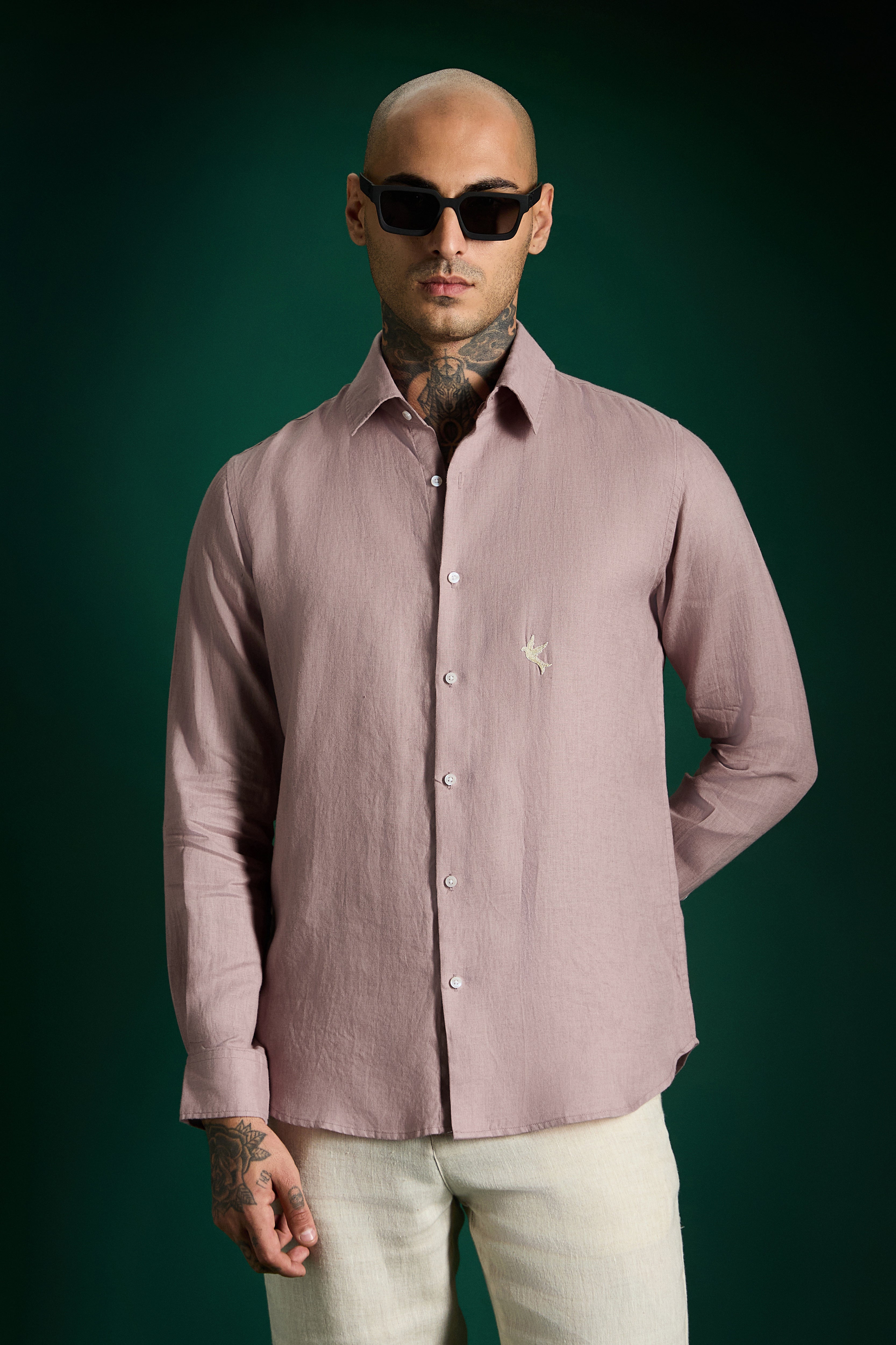Bird Hand Embroidered Irish Linen Shirt - Dusky Pink