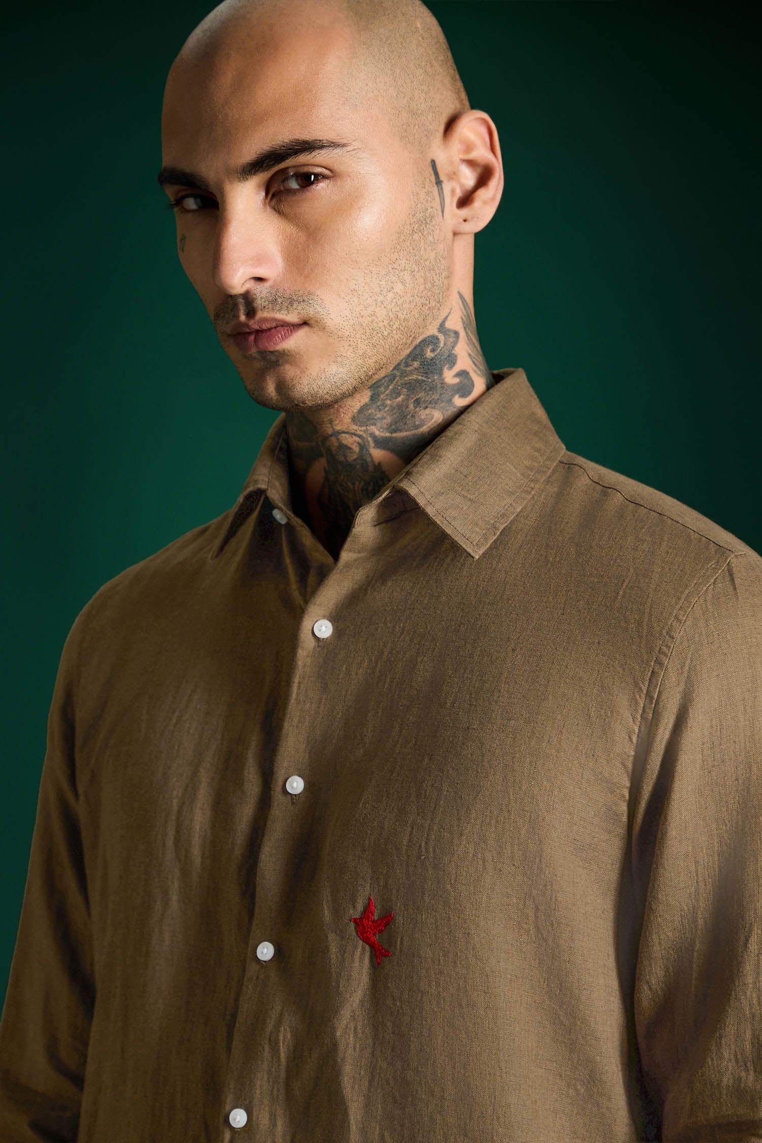 Bird Hand Embroidered Irish Linen Shirt - Cocoa Brown