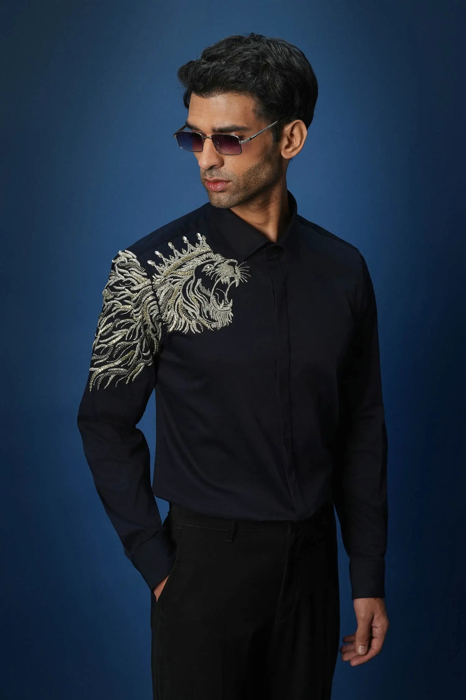 Narasimha embroidered Designer Shirt - Navy