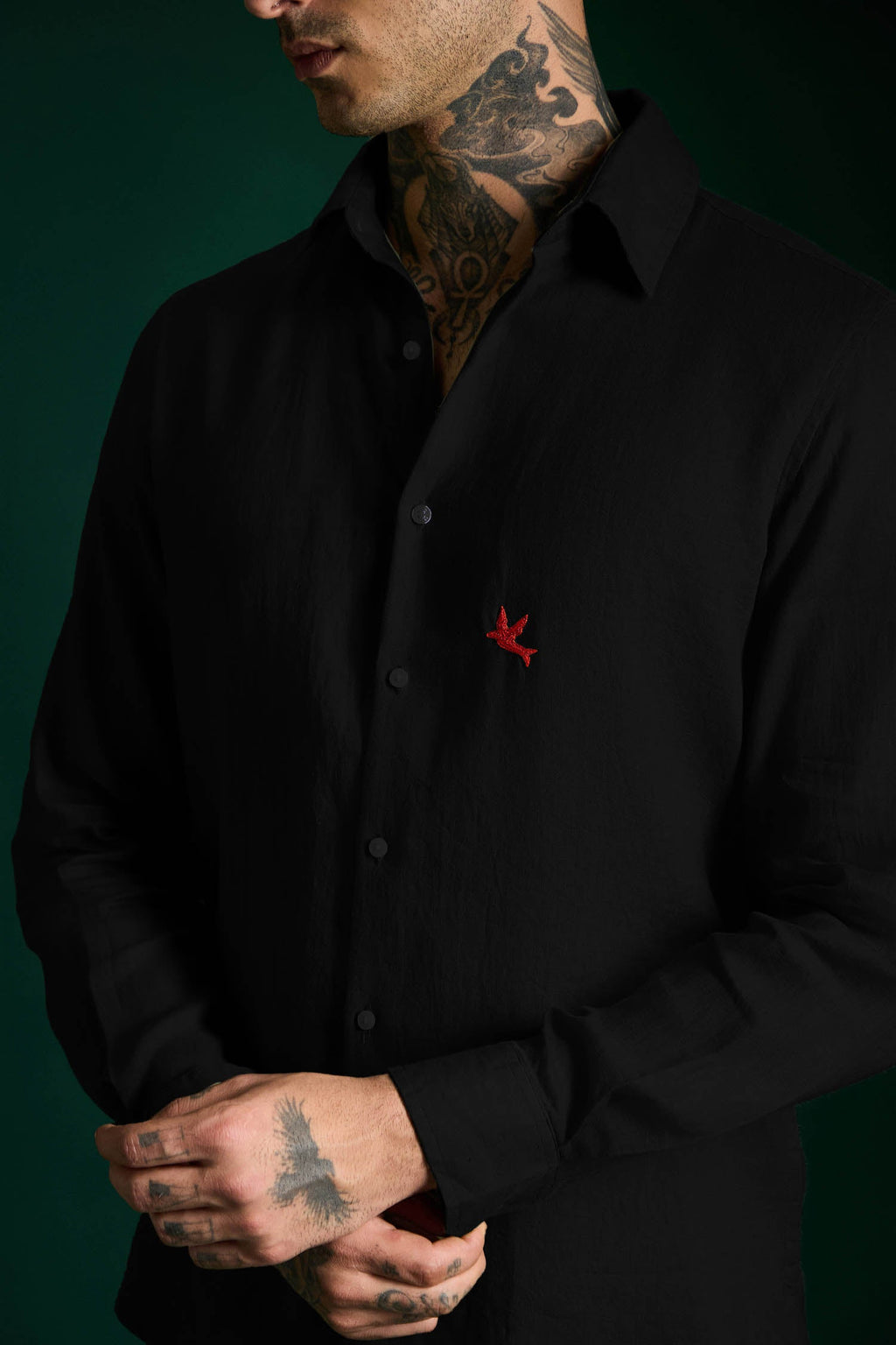 Bird Hand Embroidered Irish Linen Shirt - Black - Red