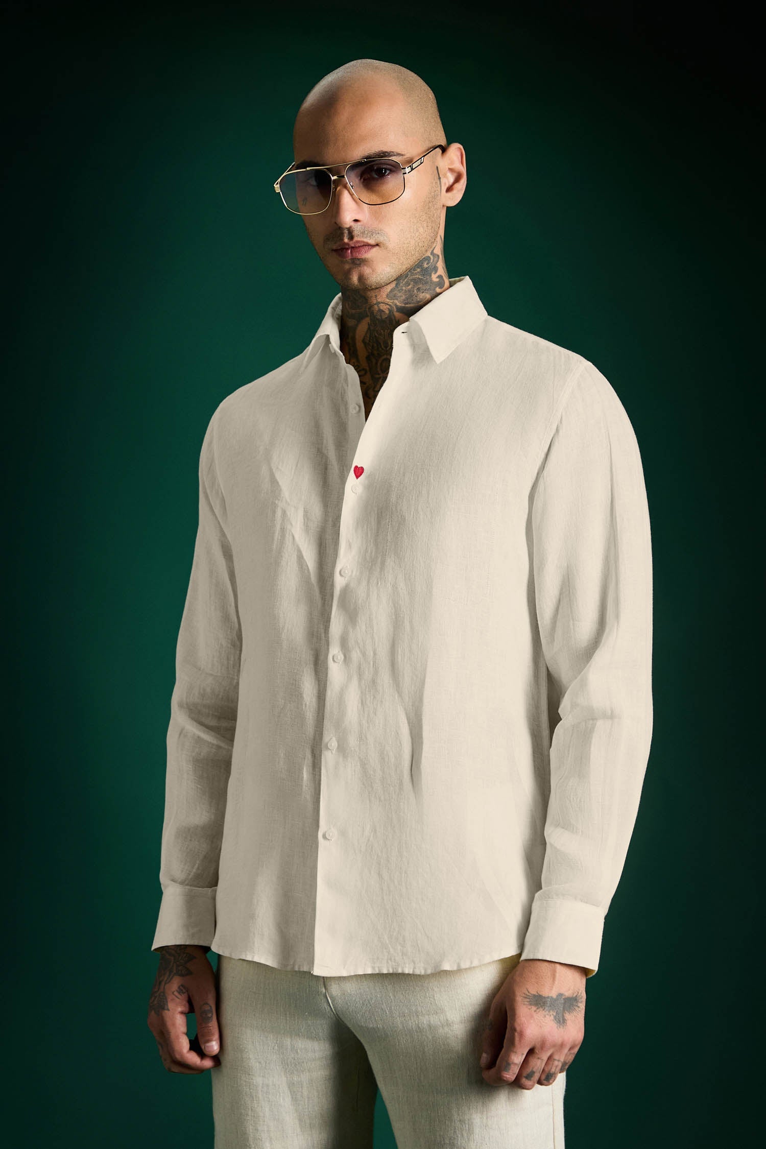 Heart Hand Embroidered Irish Linen Shirt - Ivory