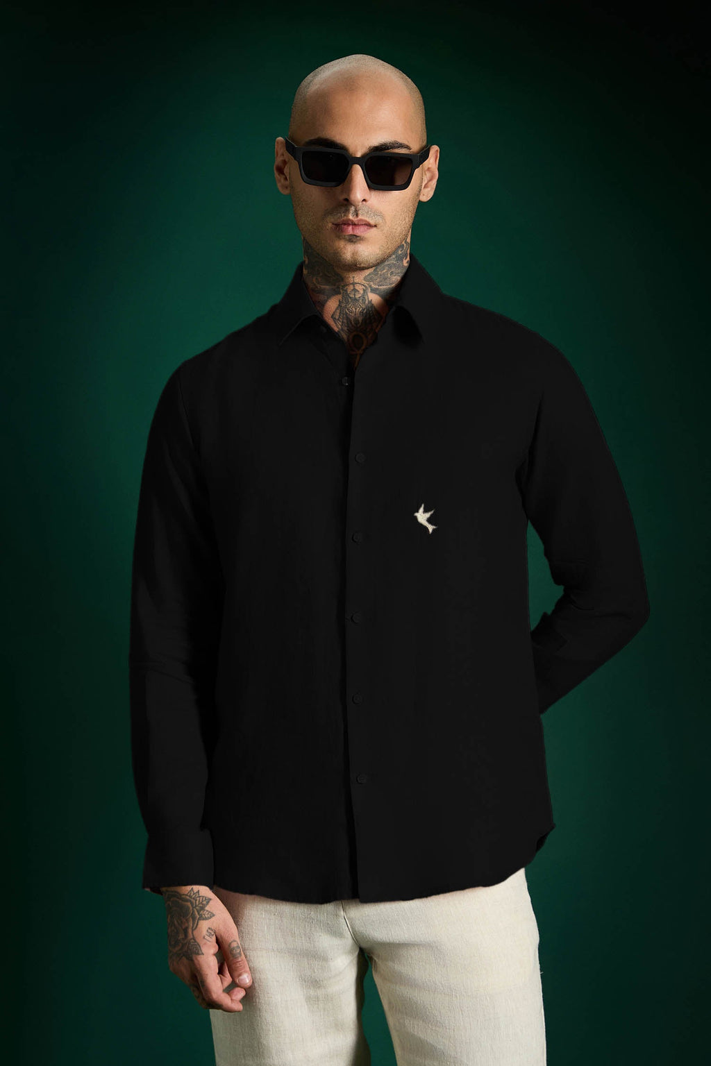 Bird Hand Embroidered Irish Linen Shirt - Black
