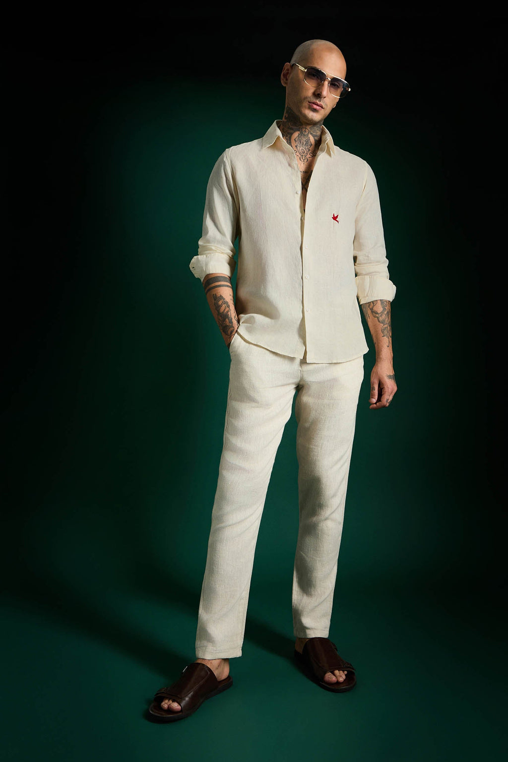 Bird Hand Embroidered Irish Linen Shirt - Ivory