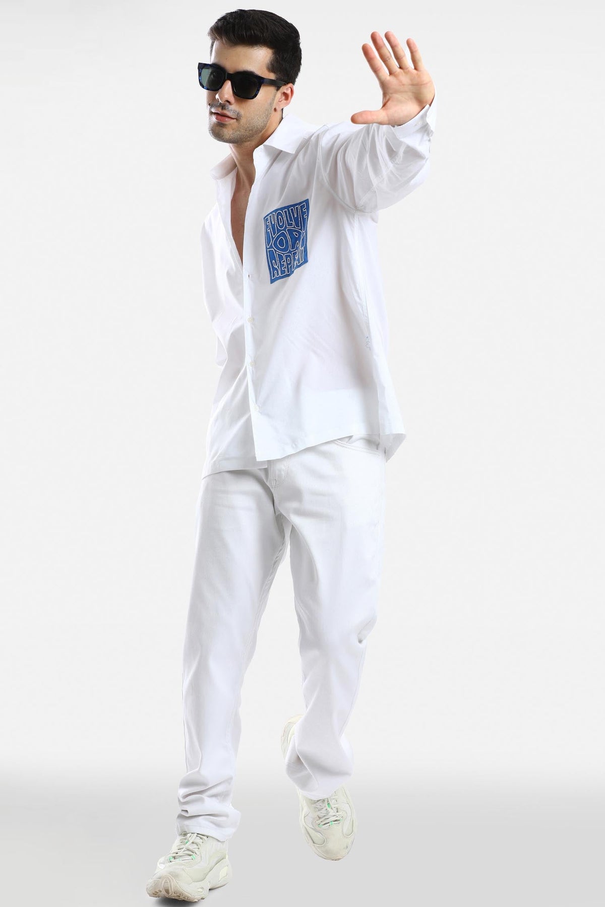 Evolve or Repeat - Hand Embroidered Oversized Designer Shirt  - White with blue