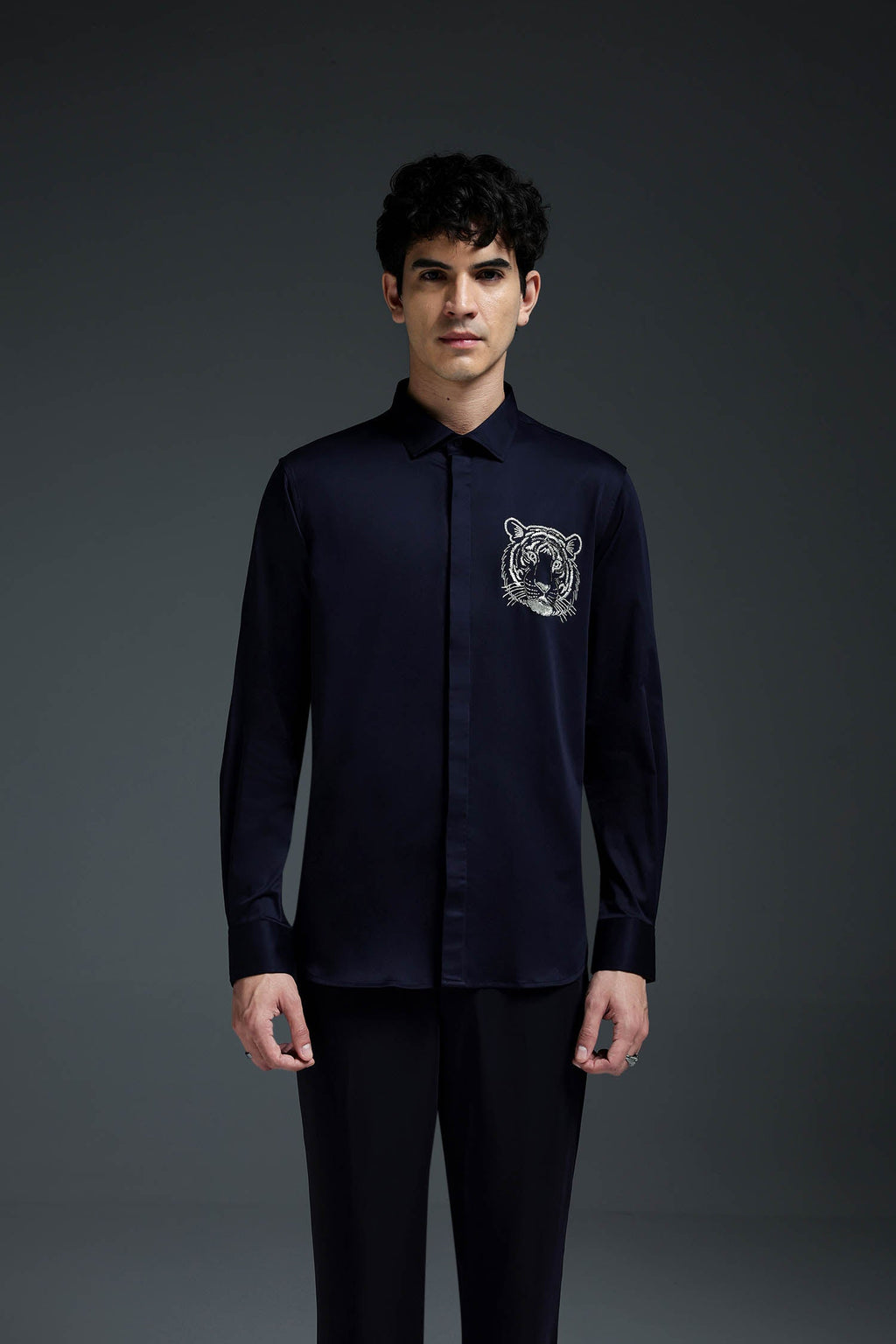 Predator(Tiger) - Hand Embroidered Designer Shirt - Navy