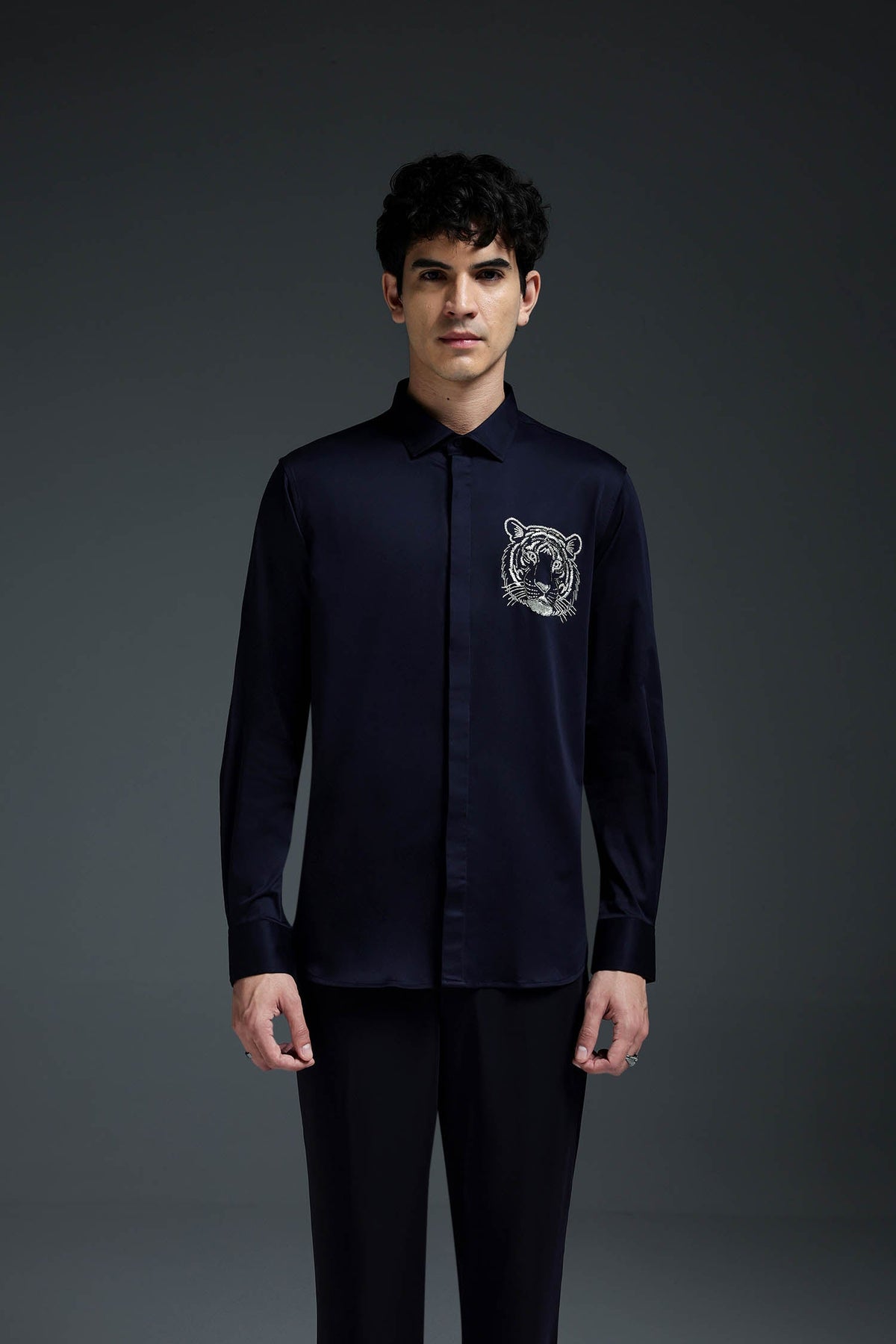 Predator(Tiger) - Hand Embroidered Designer Shirt - Navy