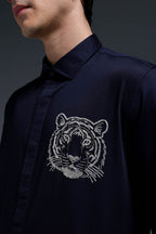 Predator(Tiger) - Hand Embroidered Designer Shirt - Navy