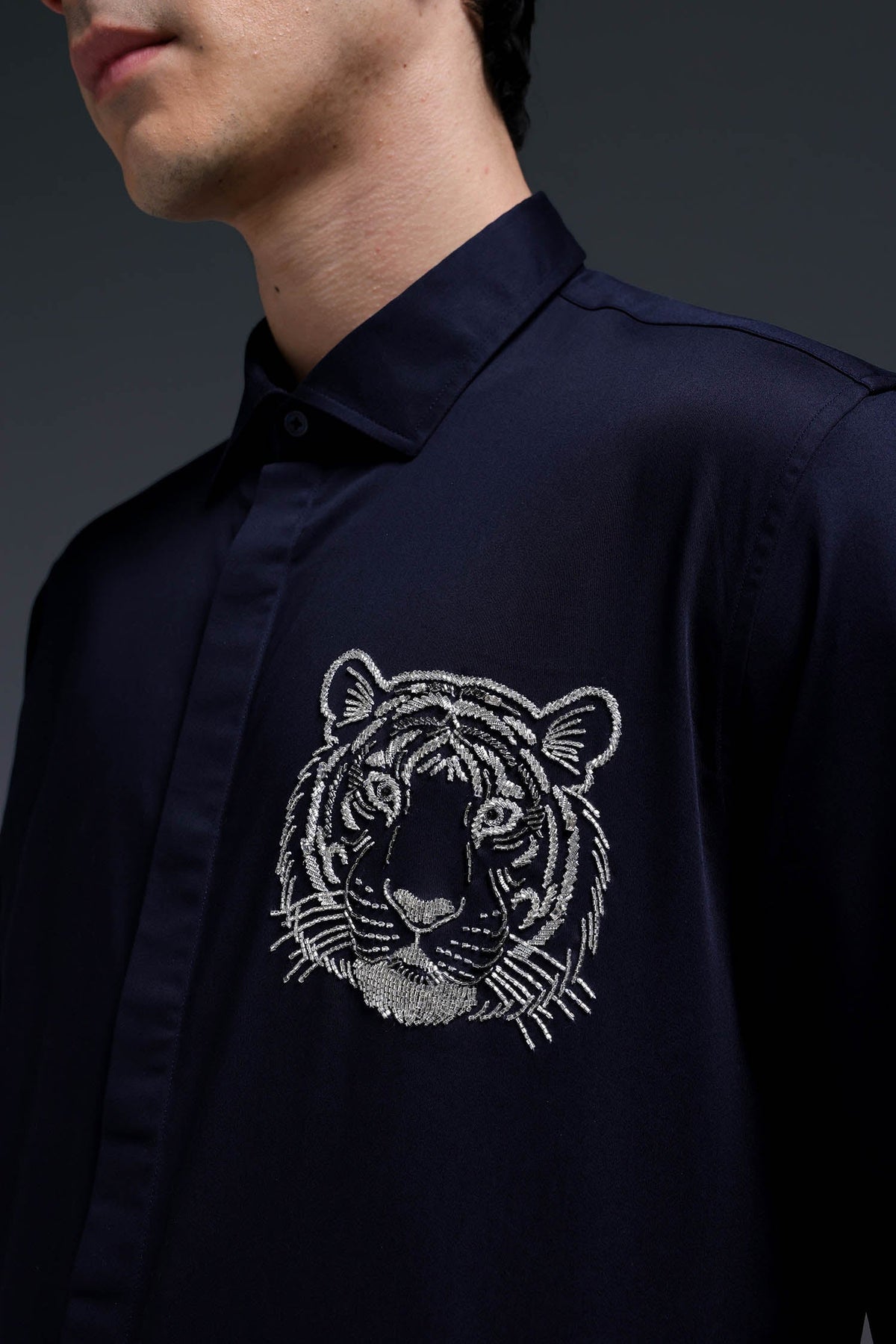 Predator(Tiger) - Hand Embroidered Designer Shirt - Navy