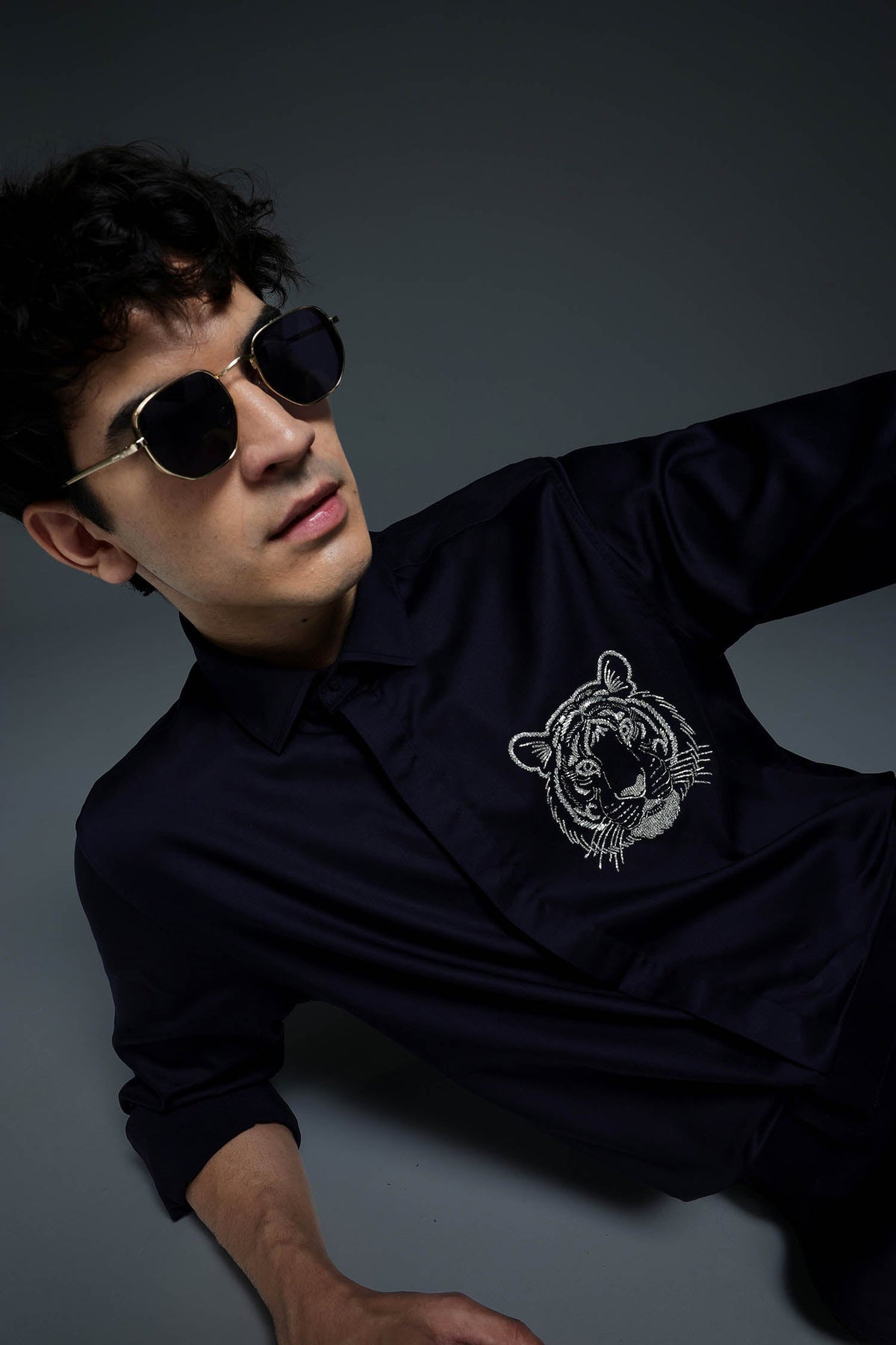 Predator(Tiger) - Hand Embroidered Designer Shirt - Navy