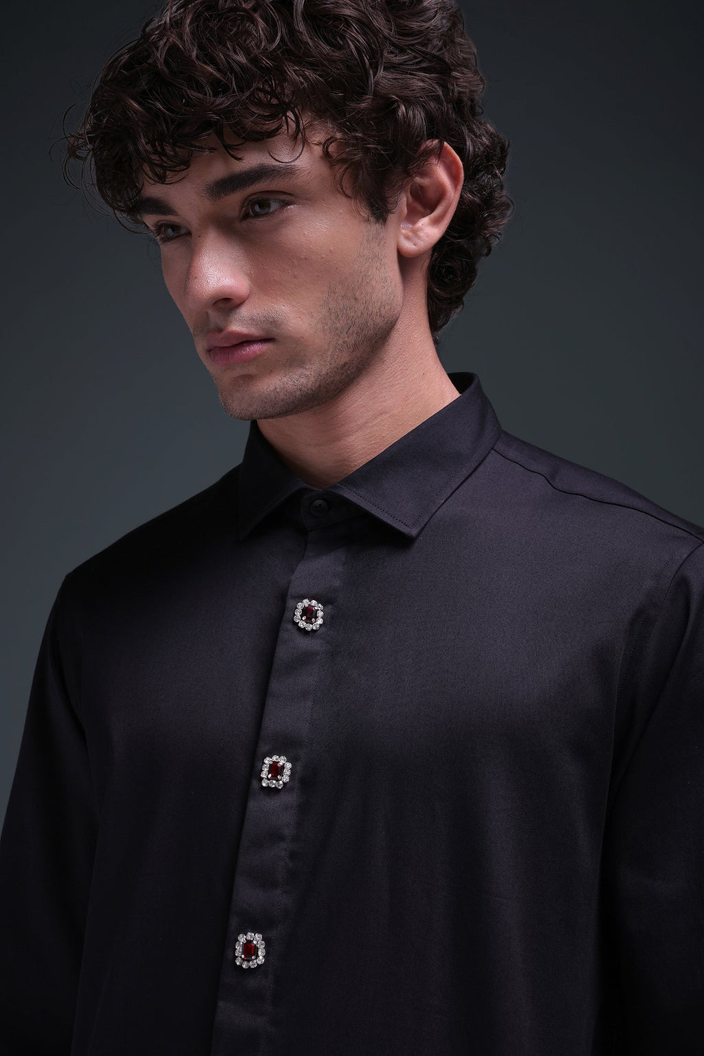 Regal(Red Rhinestone) - Hand Embroidered Designer Shirt - Black