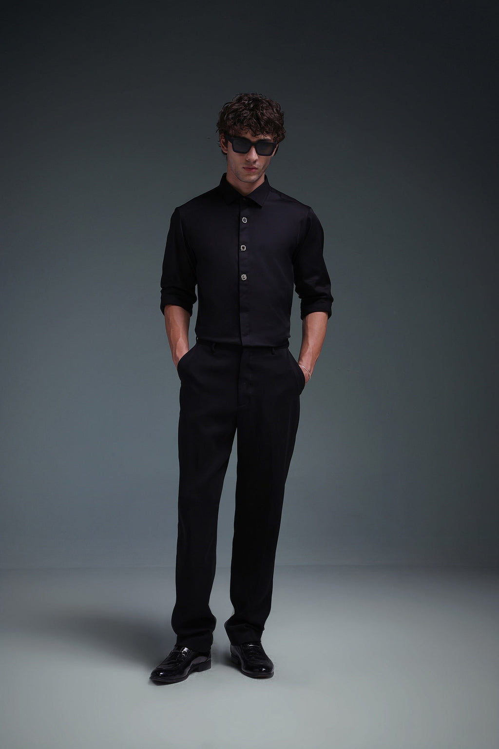 Regal(Red Rhinestone) - Hand Embroidered Designer Shirt - Black