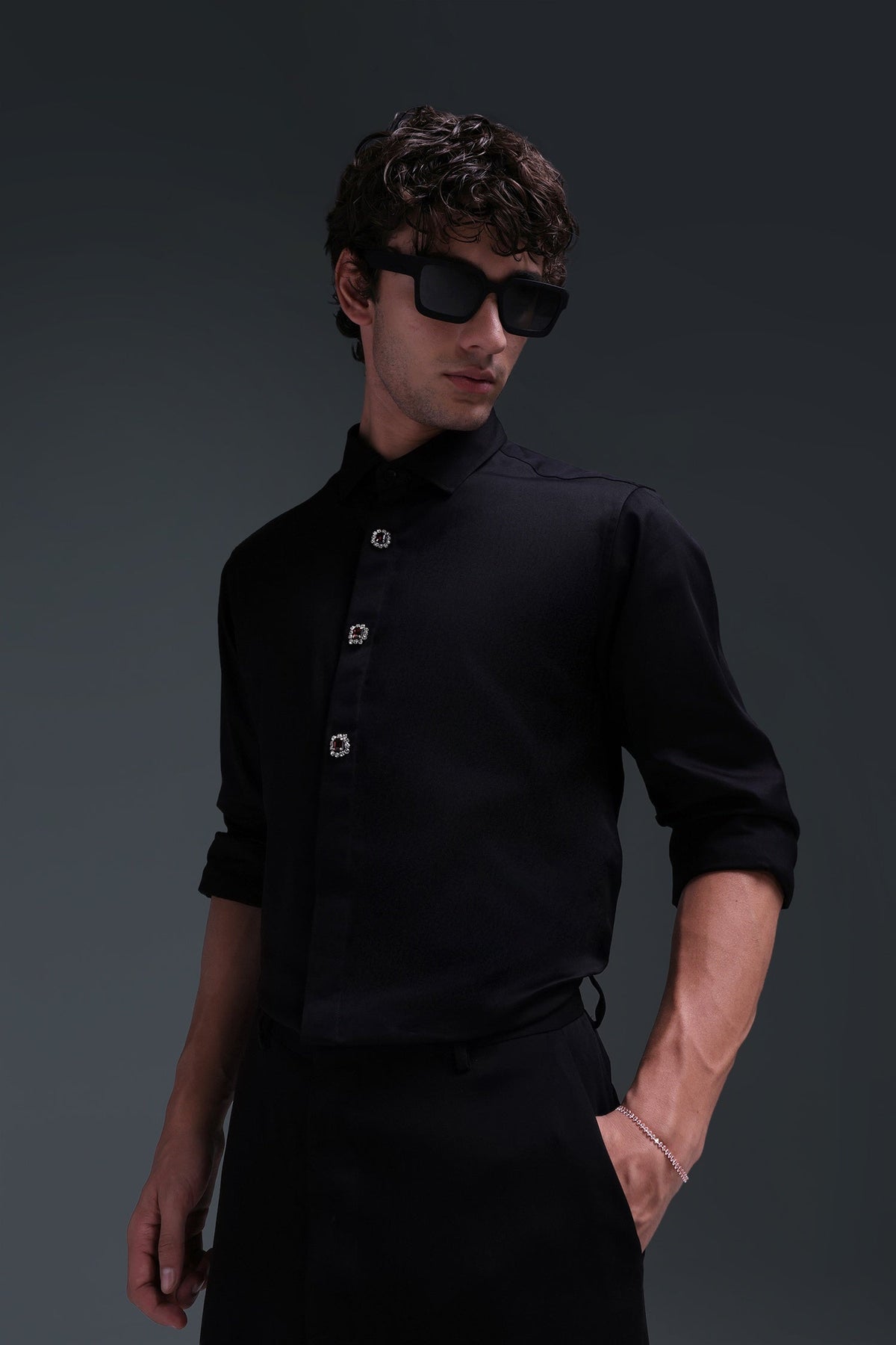 Regal(Red Rhinestone) - Hand Embroidered Designer Shirt - Black
